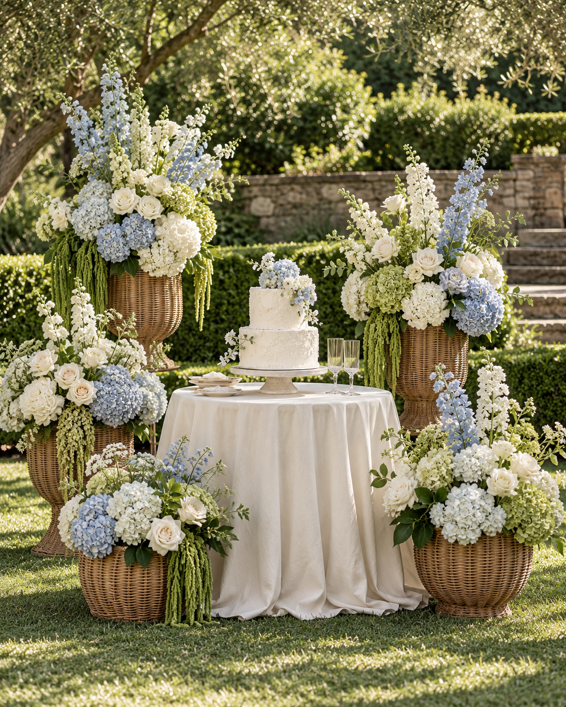 Elegant outdoor wedding setup with a white cake on a round table, surrounded by large wicker baskets filled with white and blue flowers, set in a lush garden.