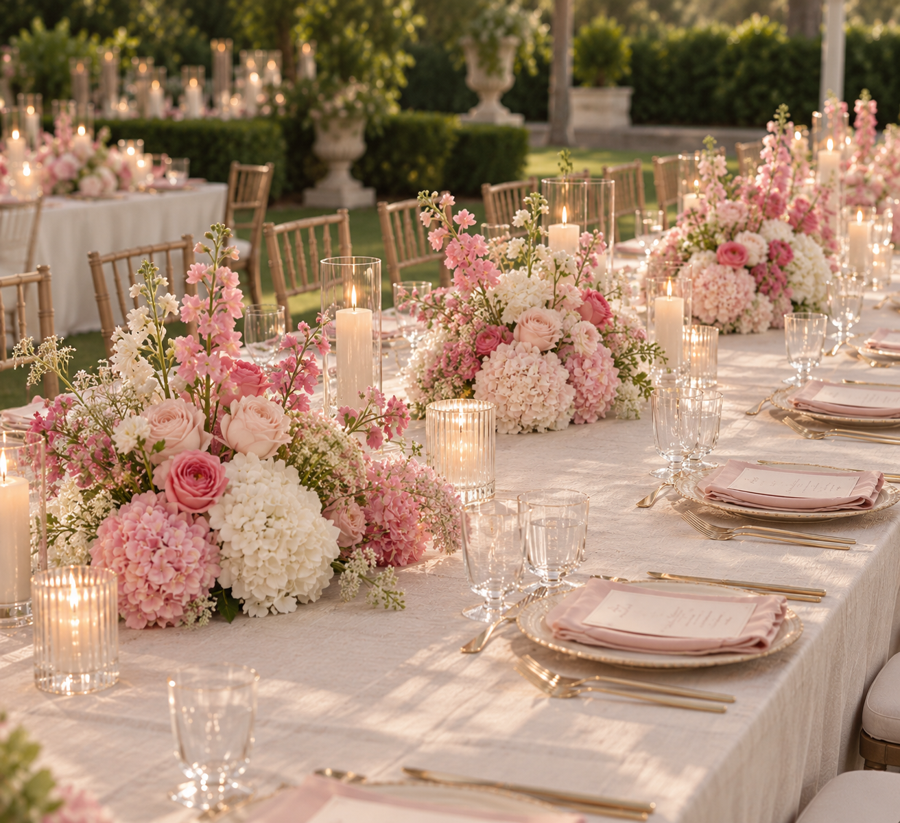 Elegant outdoor wedding reception table with pink and white floral centerpieces, candles, glassware, and gold cutlery on a white tablecloth.