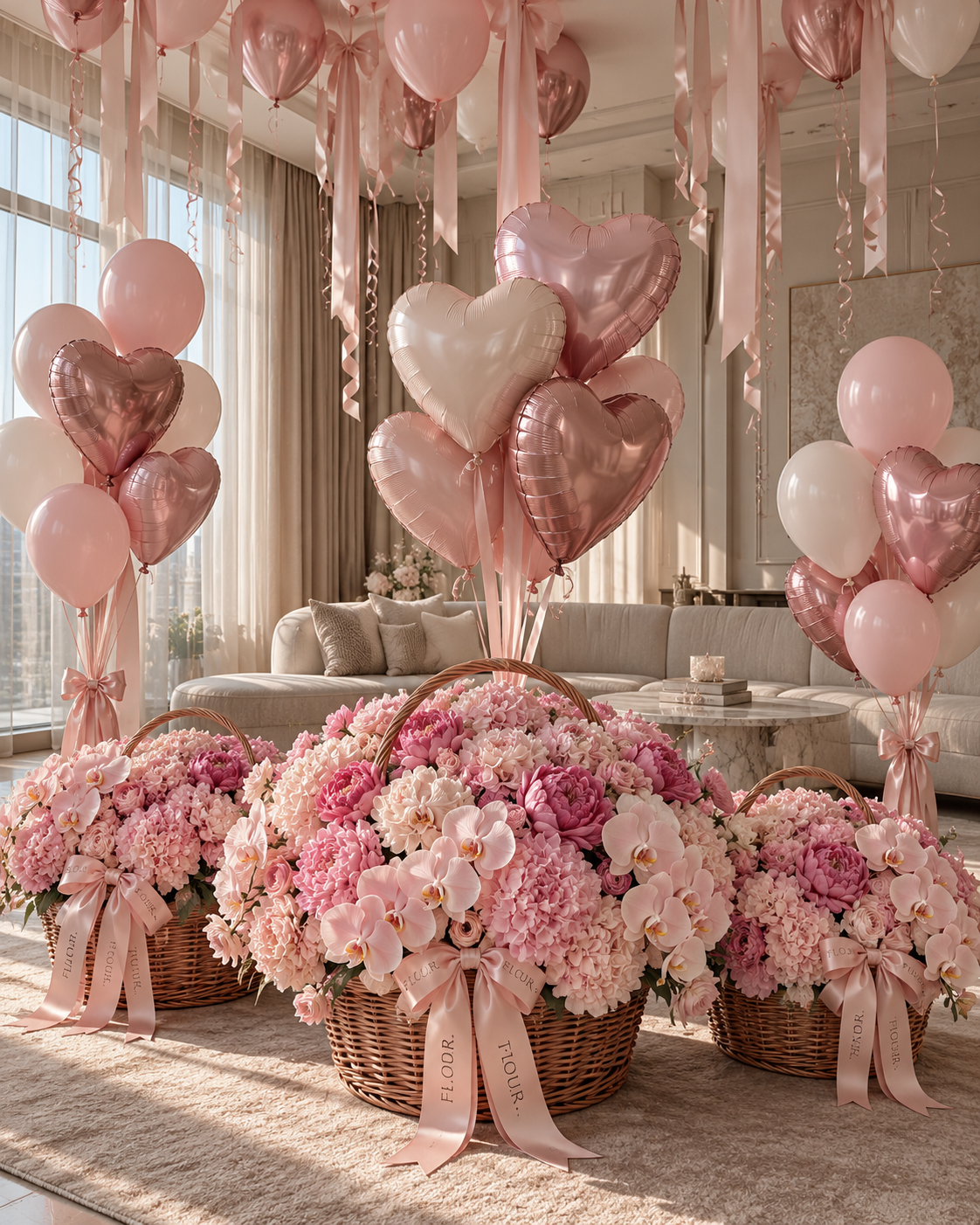 Decorated living room with pink and white balloons shaped as hearts and round balloons, and large baskets of pink and white flowers, including hydrangeas, roses, and orchids, arranged on a beige carpet.
