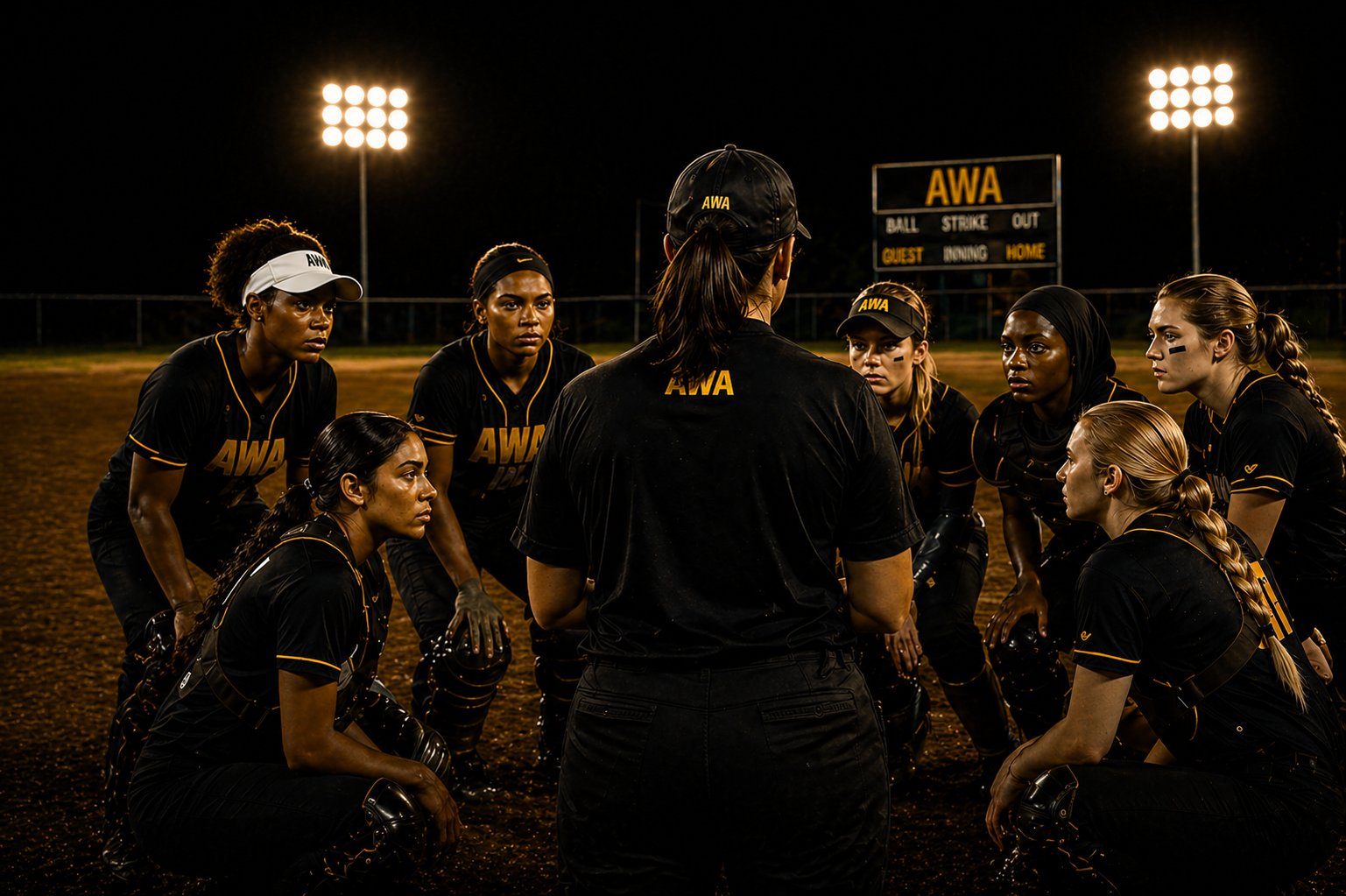 Softball team in black uniforms gathered around coach on field at night for game strategy.