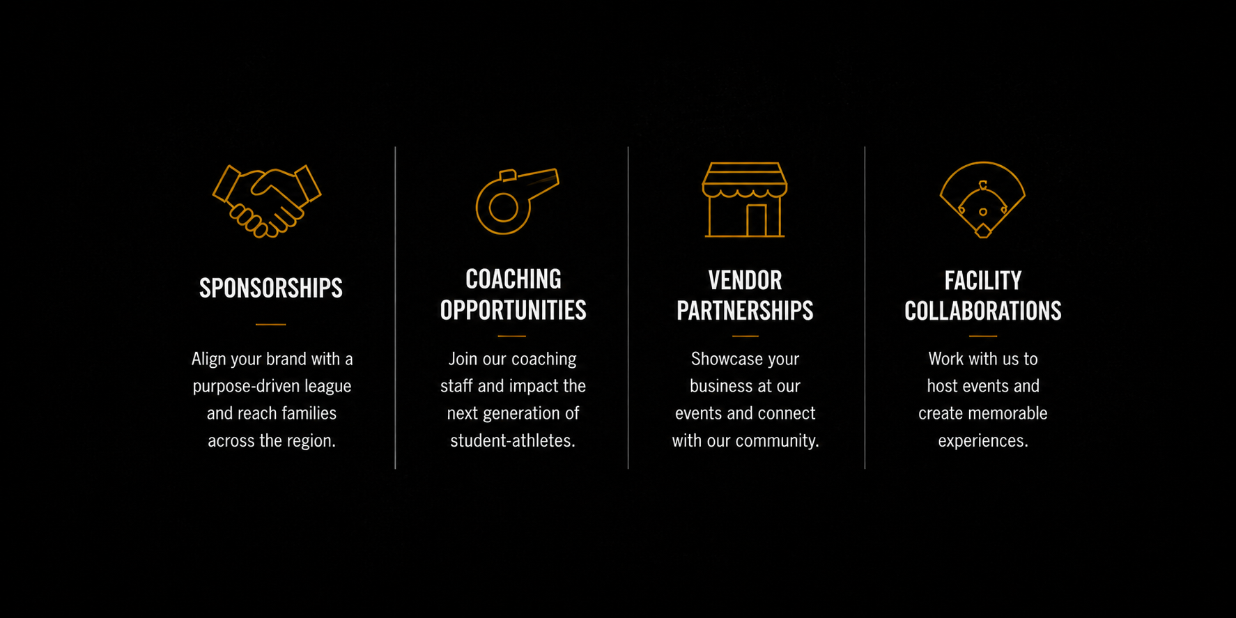 Four sections with icons and text about sports event support, including sponsorships, coaching opportunities, vendor partnerships, and facility collaborations, on a black background.