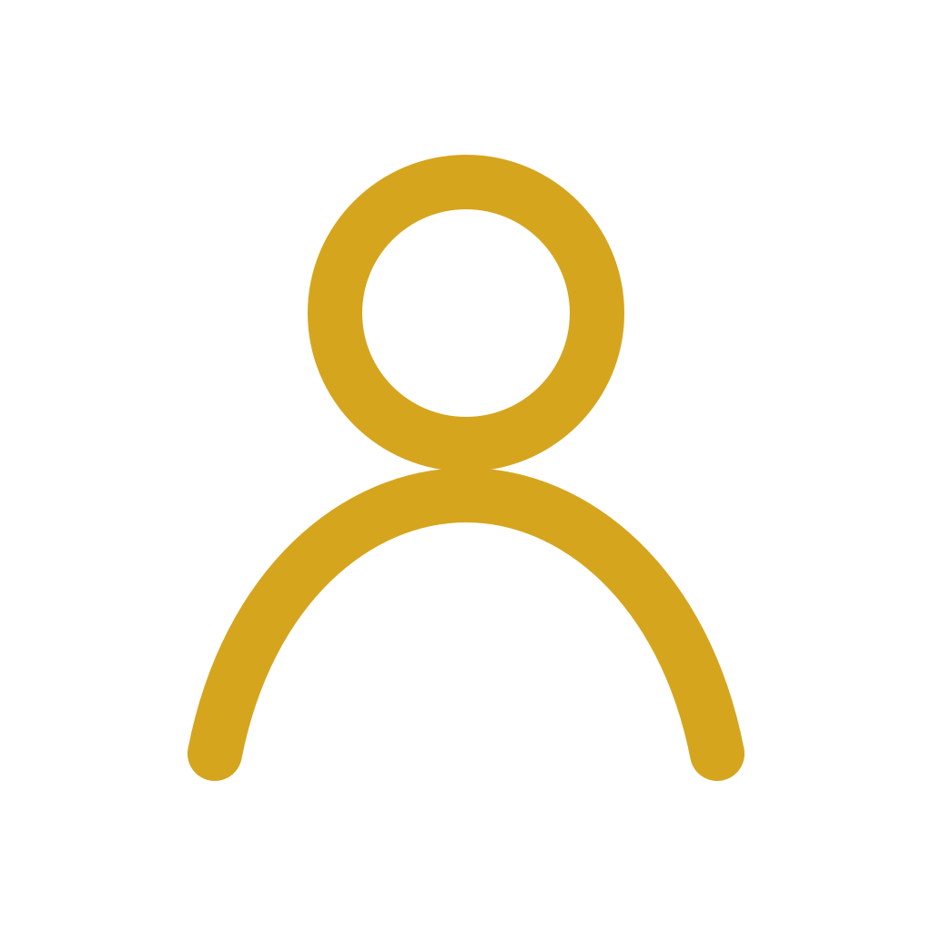 Simple icon of a person, depicted with a circle for the head and curved lines for the shoulders and arms, in gold color.