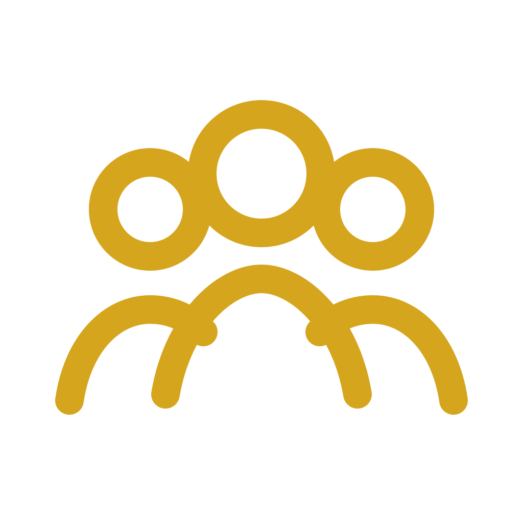 A stylized icon of three people outlined in gold on a black background.