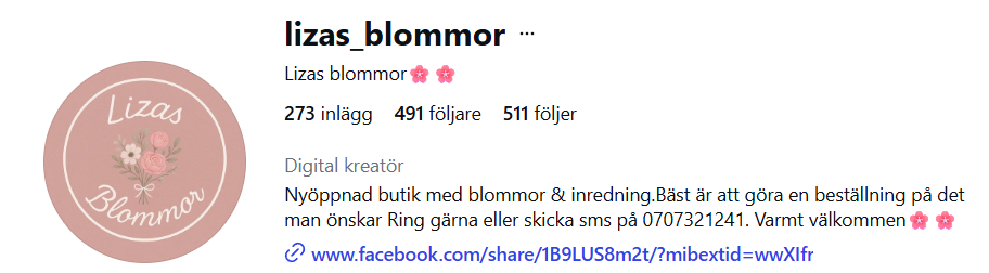 Profilbild av en blomhobbybutik som heter Lizas blommor, med en rosa bakgrund och en blomsterillustration.