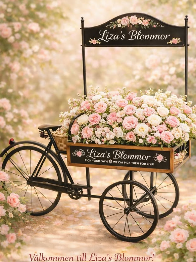En romantisk blomsterkärra fylld med rosa och vita blommor, med en skylt som säger 'Liza's Blommor' och en mindre skylt med samma namn och texten 'Välkommen till Liza's Blommor'.