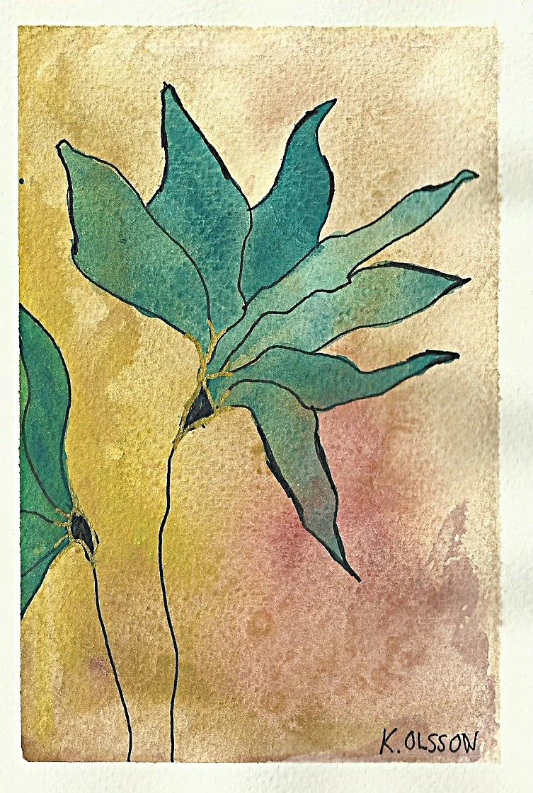 Vattenfärgsillustration av ett blad med gröna nyanser på en ljus bakgrund, signerat K. OLSSON.