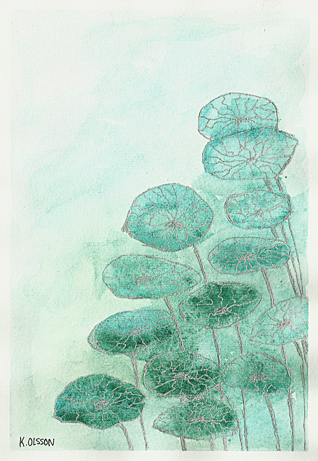 Vattenfärgsillustration av växt med flera runda, gröna blad med tydliga venmönster.