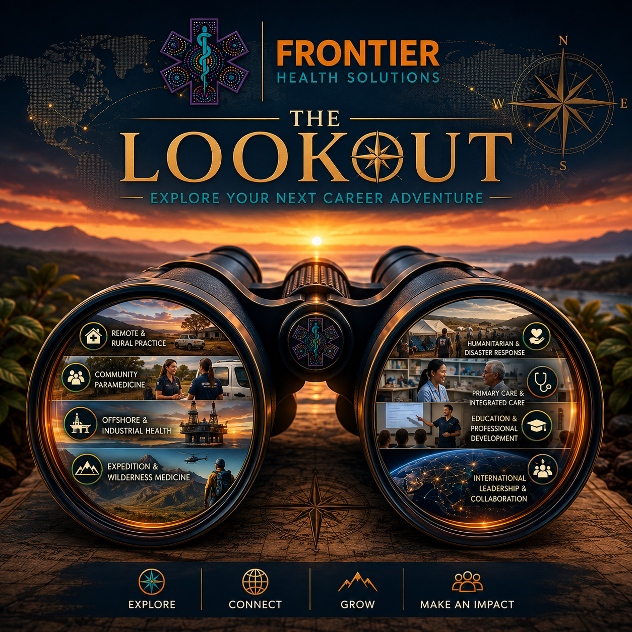 A promotional poster for Frontier Health Solutions titled 'The Lookout' features a pair of binoculars overlooking a sunset landscape. The binoculars display various images related to healthcare fields, including remote rural practice, community paramedicine, offshore and industrial health, expedition medicine, humanitarian response, primary care, education, and international collaboration. The poster emphasizes exploring career opportunities with themes like exploring, connecting, growing, and making an impact.