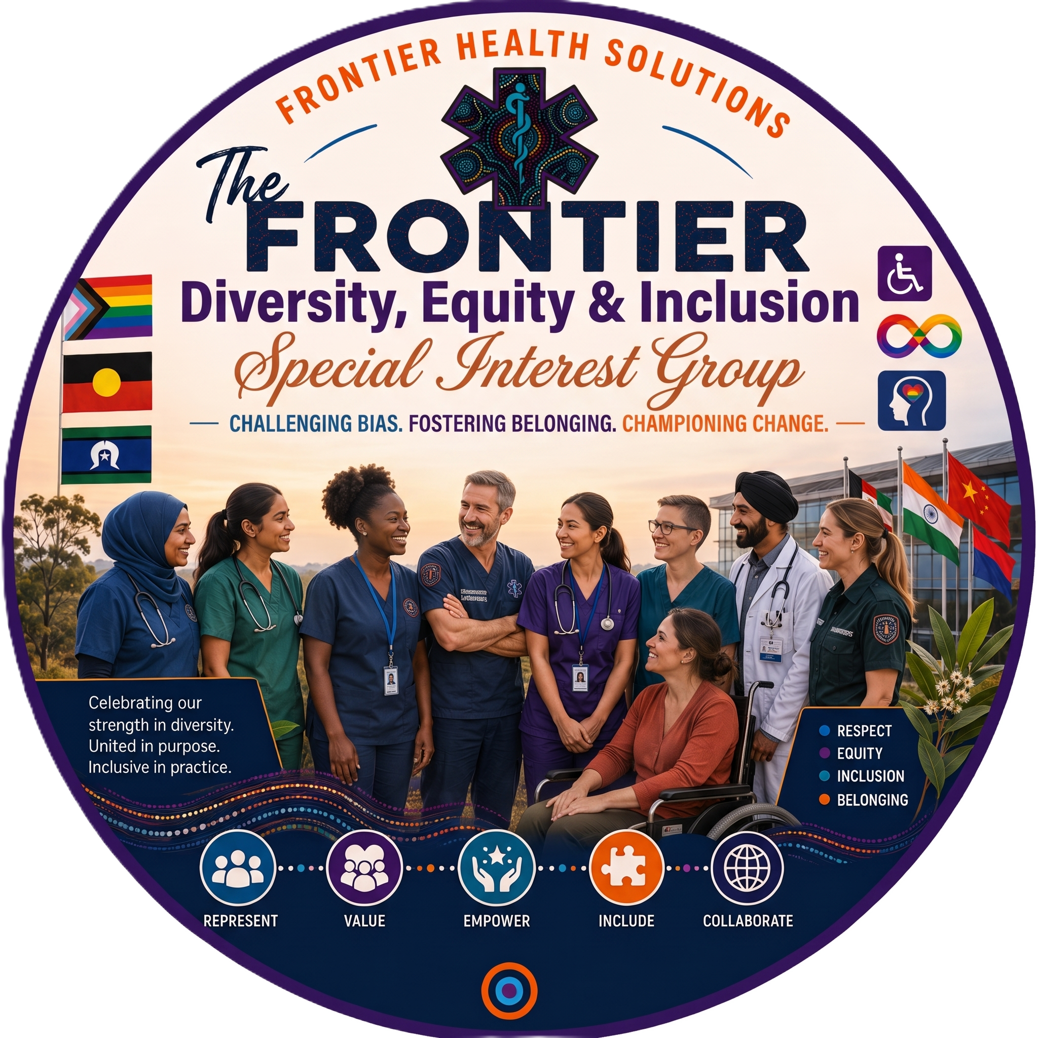 A diverse group of healthcare professionals standing outdoors, smiling and talking, with flags and a science symbol in the background at the Frontiers health solutions event, emphasizing diversity, inclusion, and collaboration in healthcare.