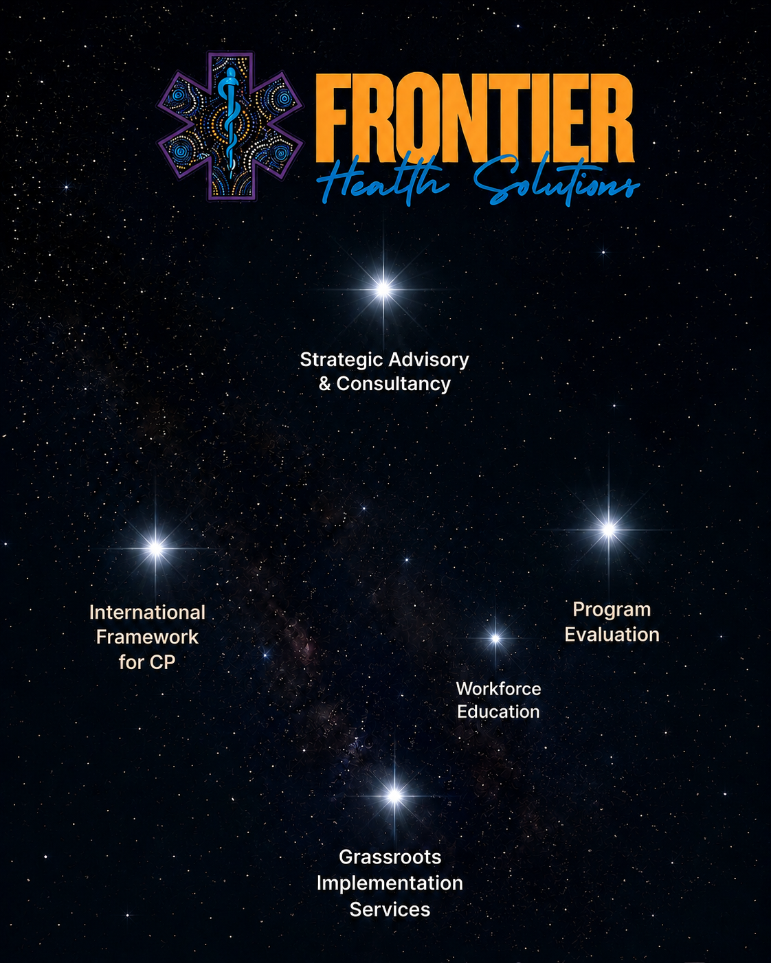 The image shows the logo of Frontier Health Solutions at the top, with a seven-point star symbol. The background is a starry night sky. Below the logo, there are five white labels: 'Strategic Advisory & Consultancy' in the center, with 'International Framework for CP' to the left, 'Workforce Education' below, 'Grassroots Implementation Services' further below, and 'Program Evaluation' to the right.