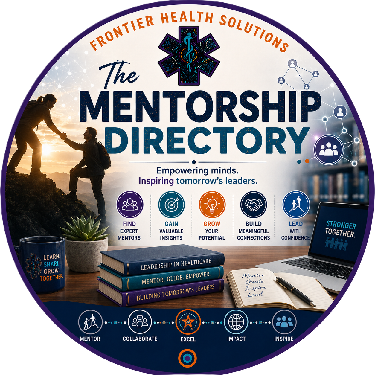 The image promotes the mentorship directory for Frontier Health Solutions with themes of empowerment, leadership, and connection in healthcare, featuring a handshake between two figures at sunset, a stack of books on leadership, a laptop, and icons representing mentorship, collaboration, and impact.