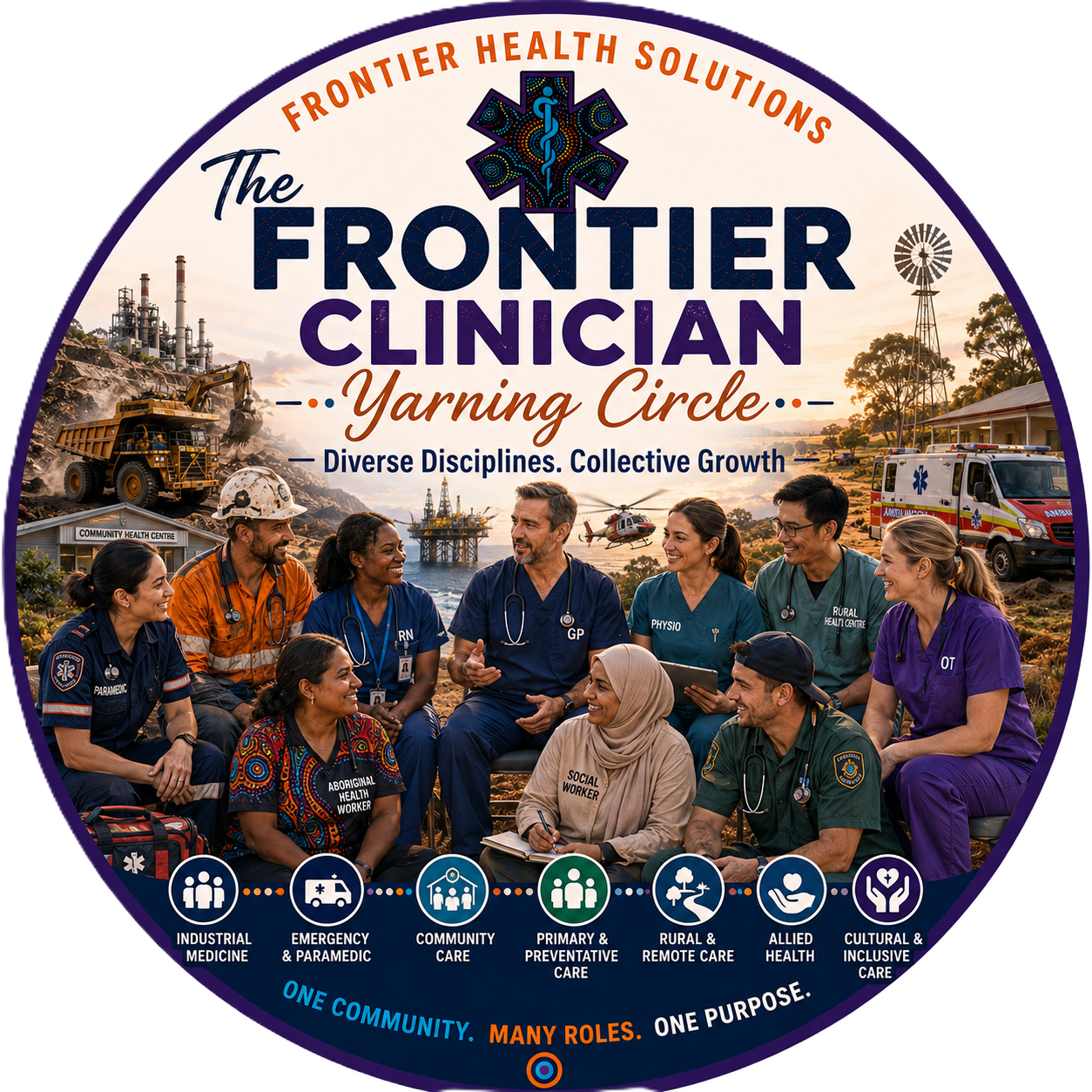 Group of diverse healthcare workers including paramedic, nurse, doctor, therapist, social worker, and emergency medical personnel sitting together outdoors, with industrial and rural health facilities, helicopters, ambulances, and windmill in the background. The image promotes community health disciplines with icons representing different healthcare roles and a motto emphasizing community, roles, and purpose.