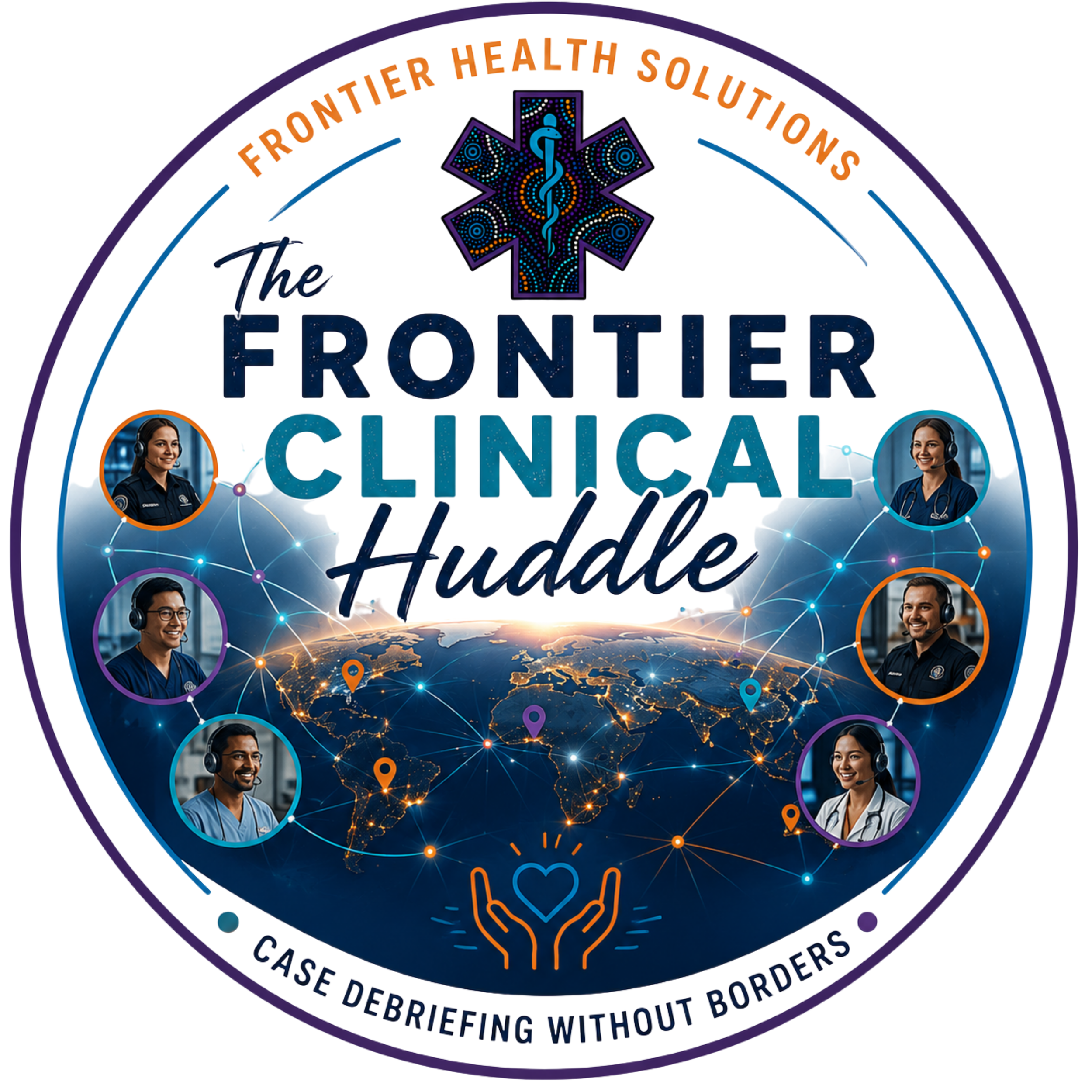 The logo of the Frontiers of Healthcare, featuring a caduceus symbol with dotted patterns, portraits of healthcare professionals with headsets connected by lines on a world map, and text emphasizing case debriefing and border crossing without debriefing.