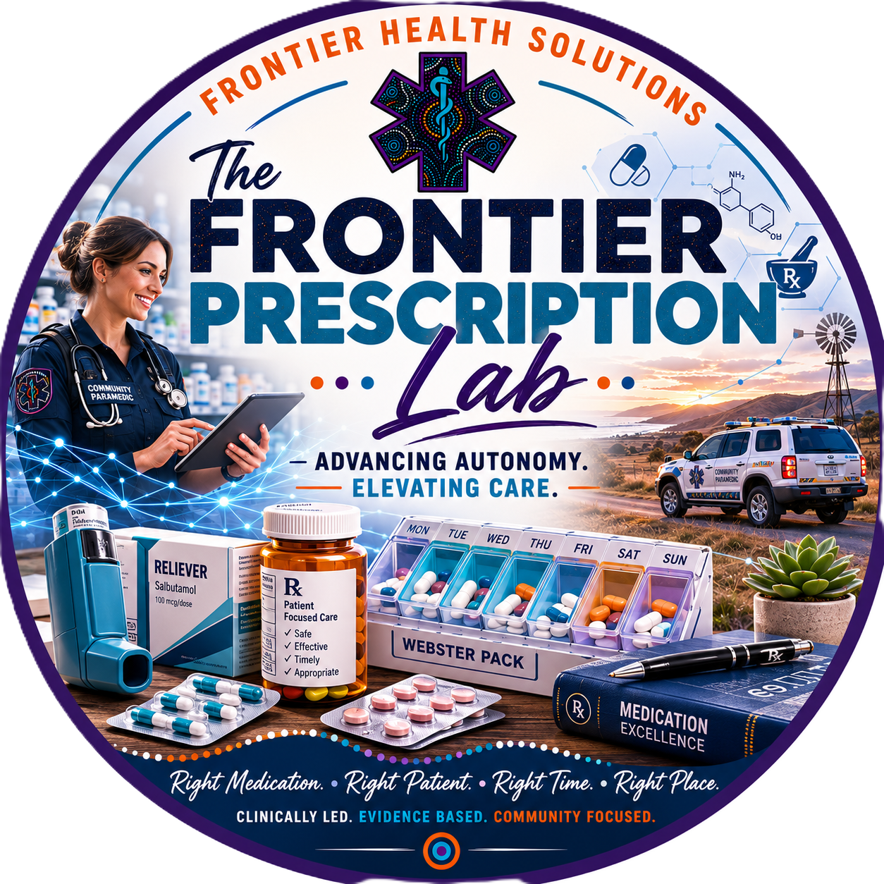 Logo and promotional image for The Frontier Prescription Lab, featuring a paramedic woman, medication bottles, pills, a medical device, and a community ambulance in a rural landscape at sunset.