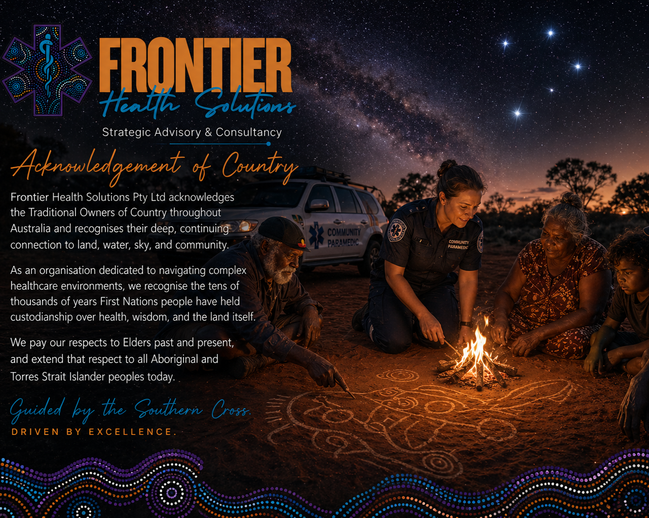 A group of Indigenous elders, a paramedic, and community members sitting around a campfire at night, drawing on the ground with white chalk, with a starry sky and the Milky Way overhead, and an emergency vehicle parked behind them.