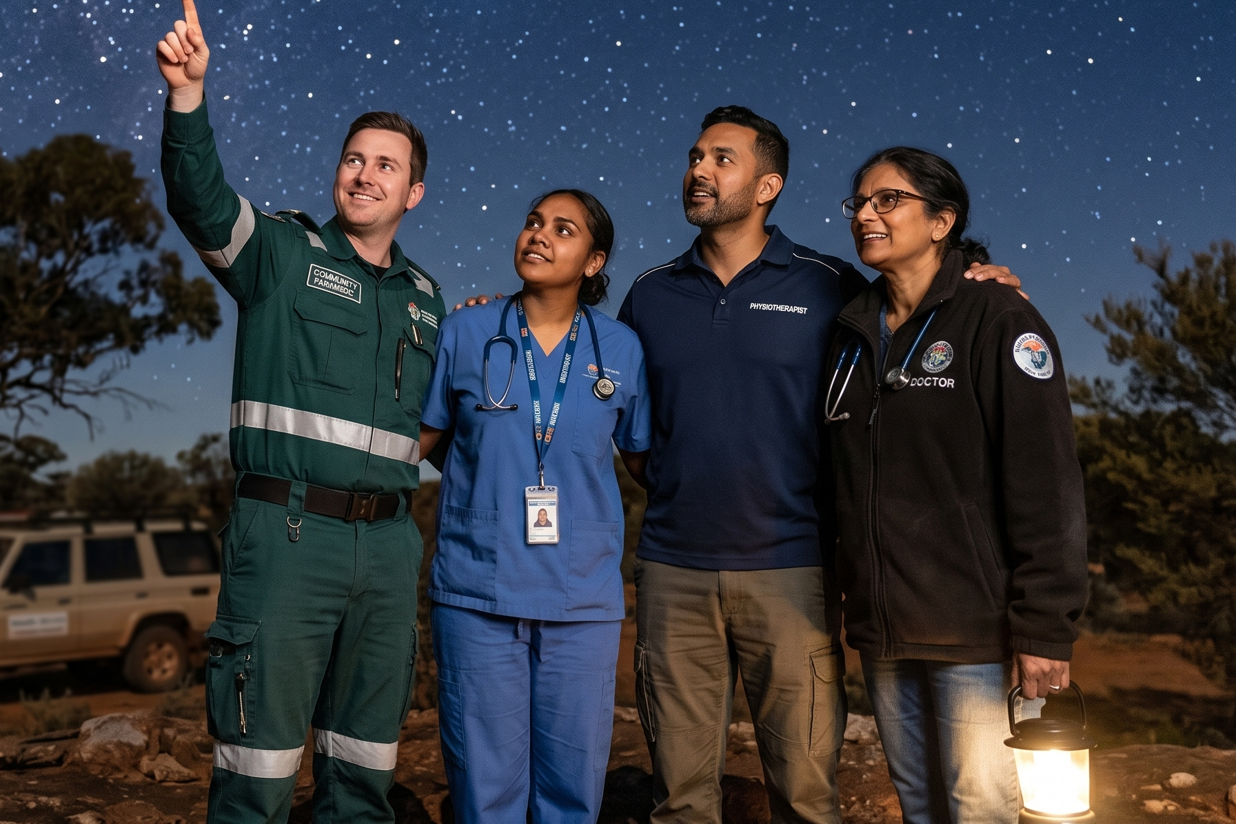 Four healthcare professionals standing outdoors at night, wearing medical uniforms and stethoscopes, with one holding a lantern and another pointing up at a starry sky.