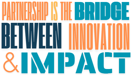Quote emphasizing that partnership is the bridge connecting innovation and impact, with words in orange and blue.