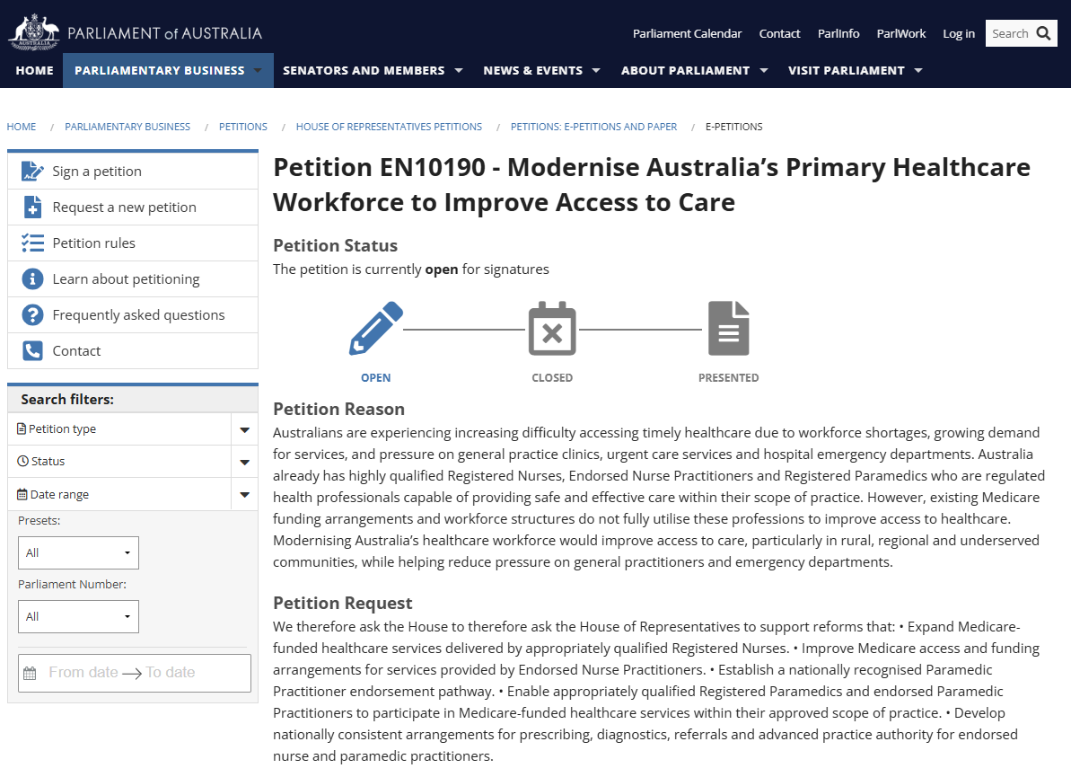 Screenshot of the Australian Parliament website page for a petition titled 'Modernise Australia’s Primary Healthcare Workforce to Improve Access to Care.' The page shows petition status as open for signatures, with icons indicating the petition is open, closed, or presented. The text describes the petition reason and request, addressing issues with healthcare access and proposed reforms.