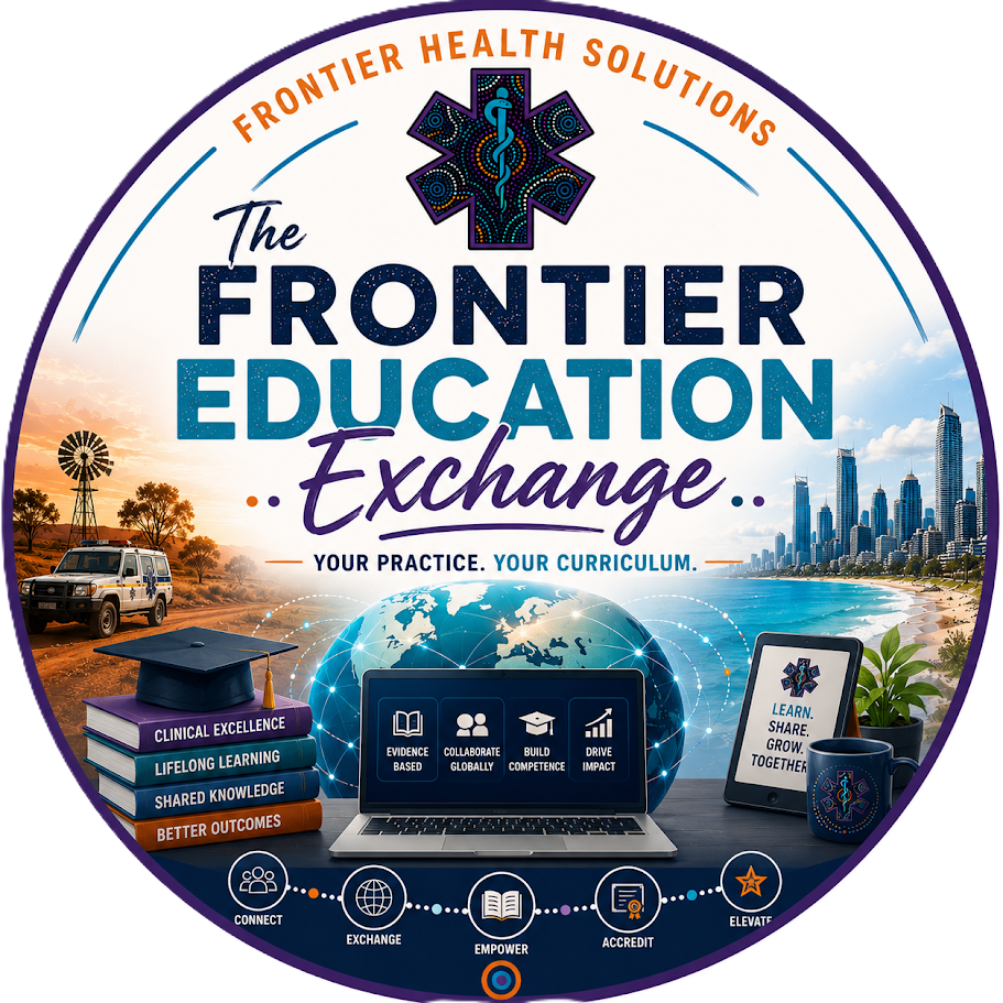 Logo for The Frontier Education Exchange with the tagline 'Your Practice. Your Curriculum.' Features a globe, city skyline, books, laptop, tablet, government vehicle, and various icons symbolizing education and global exchange.