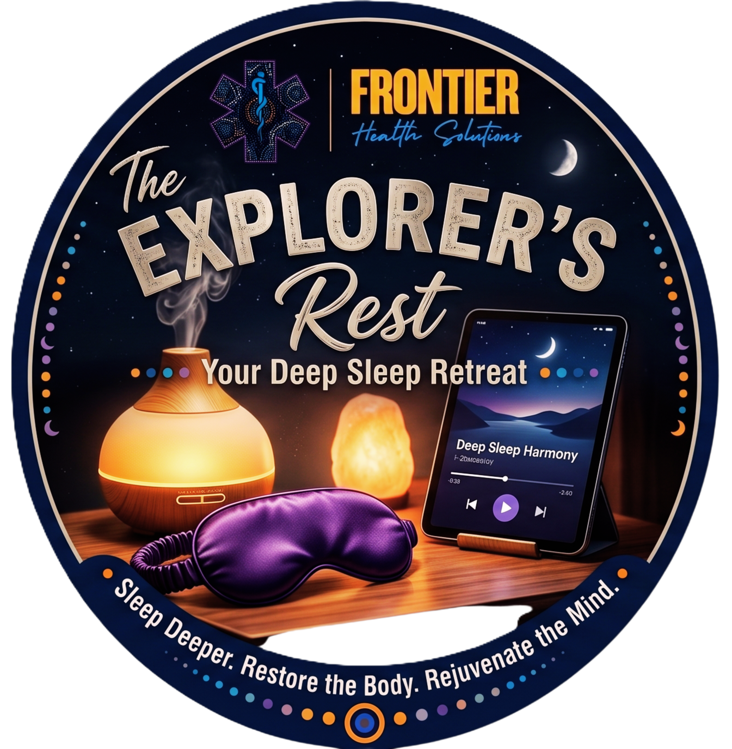 The image shows a digital graphic for 'The Explorer's Rest,' promoting a deep sleep retreat. It features space-themed elements such as a starry sky, crescent moon, and mountains in the background. There is also a tablet display with a sleep app titled 'Deep Sleep Harmony.' Several salt lamps emit a warm glow, and an eye mask is placed on a wooden surface. The graphic is associated with Frontier Health Solutions and encourages restful, rejuvenating sleep.