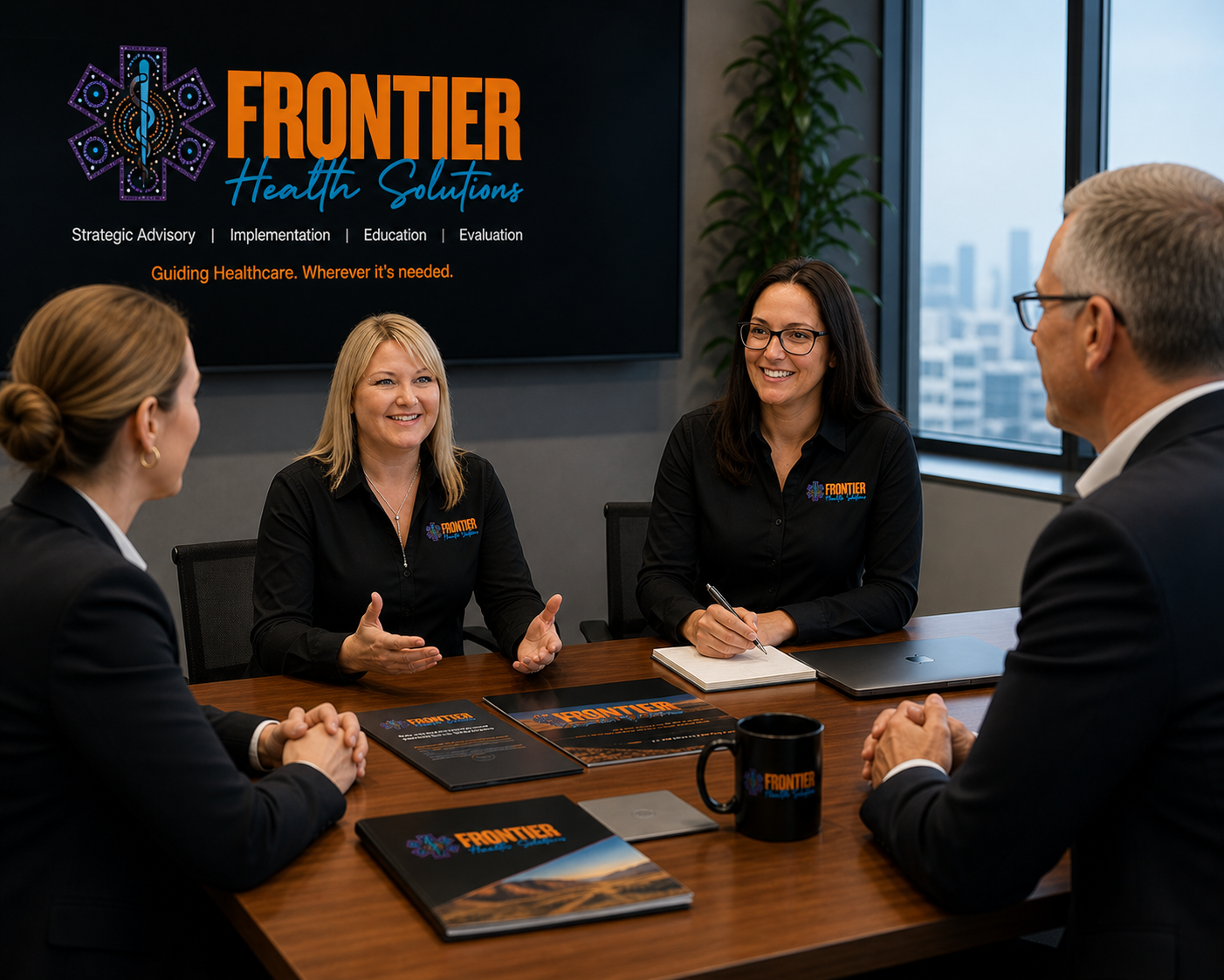 A group of four professionals in a meeting room, engaged in conversation. Two women are wearing black shirts with 'Frontier Health Solutions' logos, and a man and another woman are in business attire. They are seated around a wooden table with brochures, a notebook, a laptop, and a black mug with the company logo. A large screen behind them displays the company's name, logo, and service slogan.