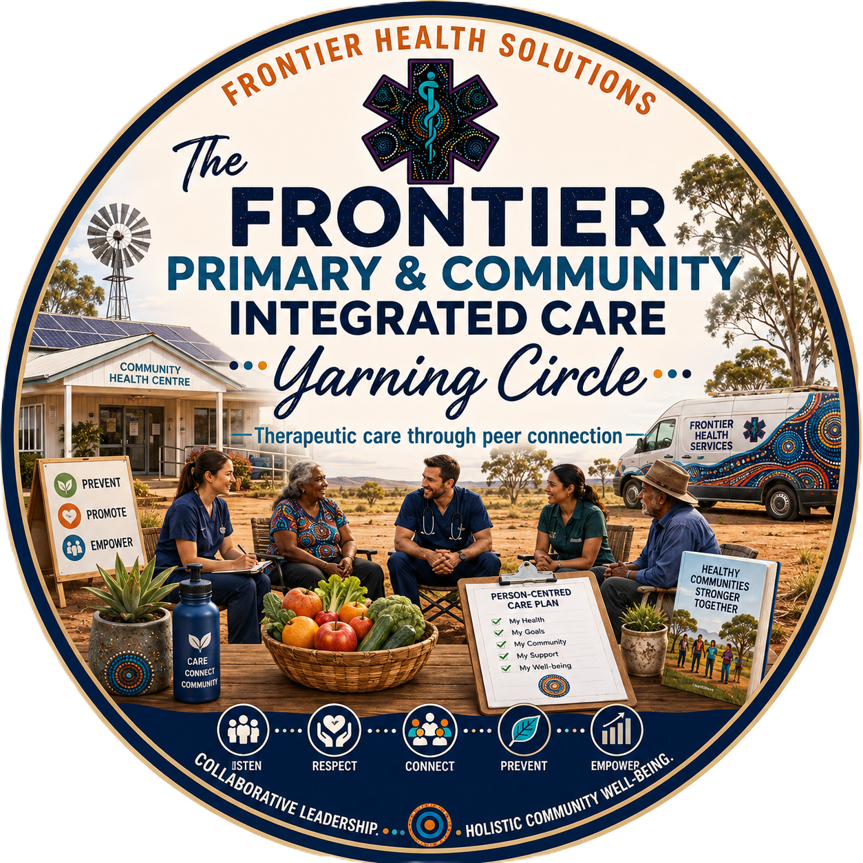 A circular promotional poster for the Frontier Primary & Community Integrated Care Yarning Circle, featuring healthcare providers sitting outdoors in a rural setting with a health van, community center, and windmill in the background. The poster includes icons and text about community health, peer connection, respect, collaboration, and well-being.