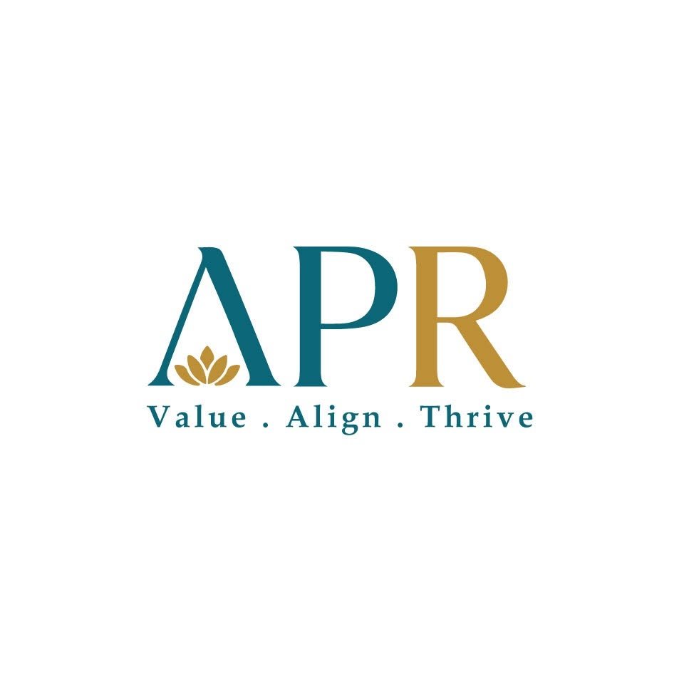 Logo with stylized letters 'APR', a lotus flower, and the words 'Value. Align. Thrive.' underneath.