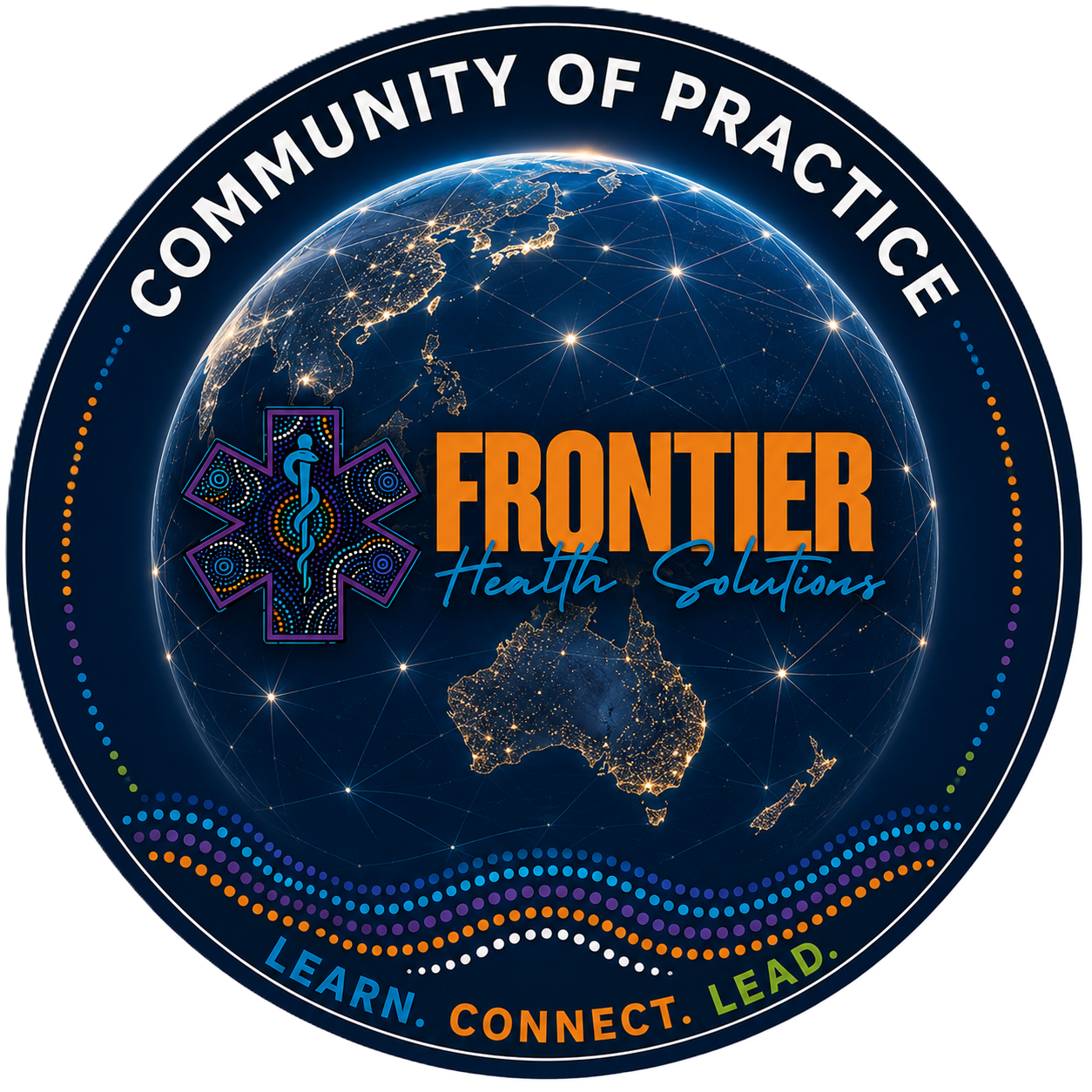 A circular logo for Frontier Health Solutions featuring a glowing Earth with continental outlines, a medical star of life symbol, and the phrases "Community of Practice," "Learn, Connect, Lead," and the company name "Frontier."