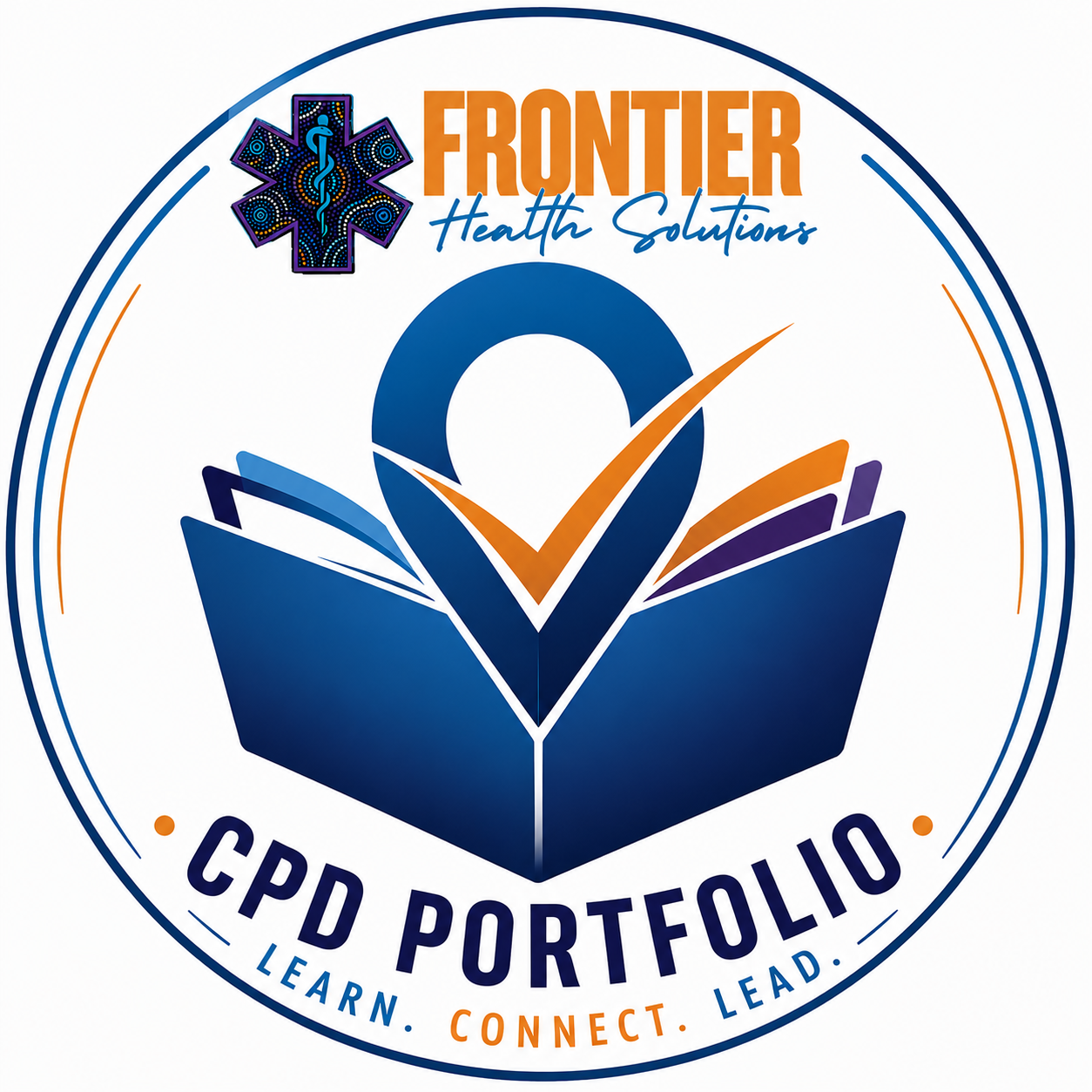 Logo for Frontier Health Solutions featuring a caduceus symbol, a checkmark, and an open book, with the text 'CPD Portfolio' and phrases 'Learn. Connect. Lead.'