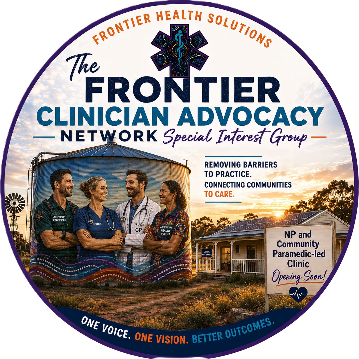Logo for Frontier Clinician Advocacy Network featuring a sunset, a water tank, and a community clinic with a sign that says opening soon, emphasizing removing barriers to practice and connecting communities to care.