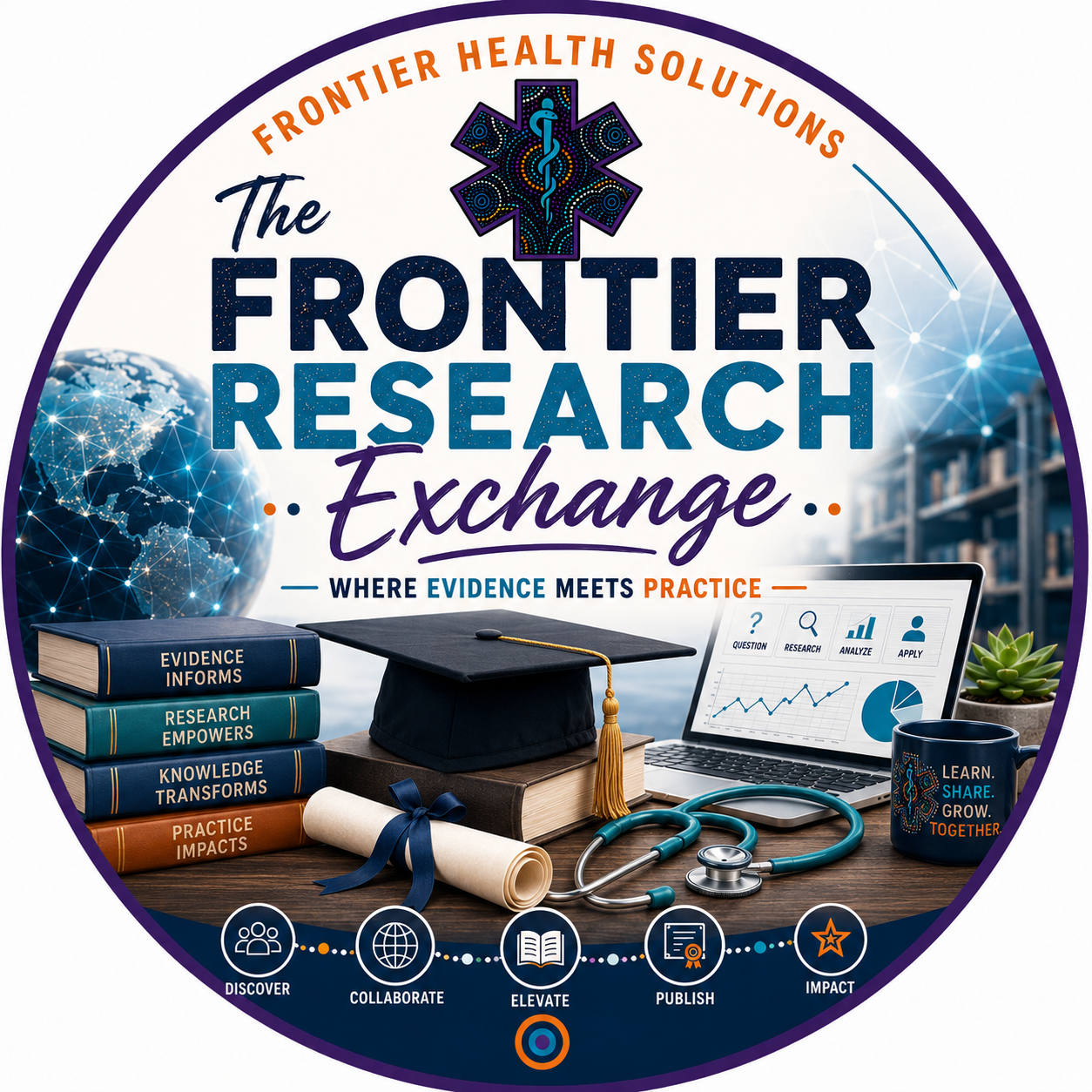 A circular logo for The Frontier Research Exchange, showing a globe, books, a graduation cap, a diploma, a stethoscope, a laptop, and a coffee mug with the words 'Learn, Share, Grow, Together'. Text includes 'Frontier Health Solutions' and 'Where Evidence Meets Practice', with icons and labels for discovery, collaboration, elevating, publishing, and impact.