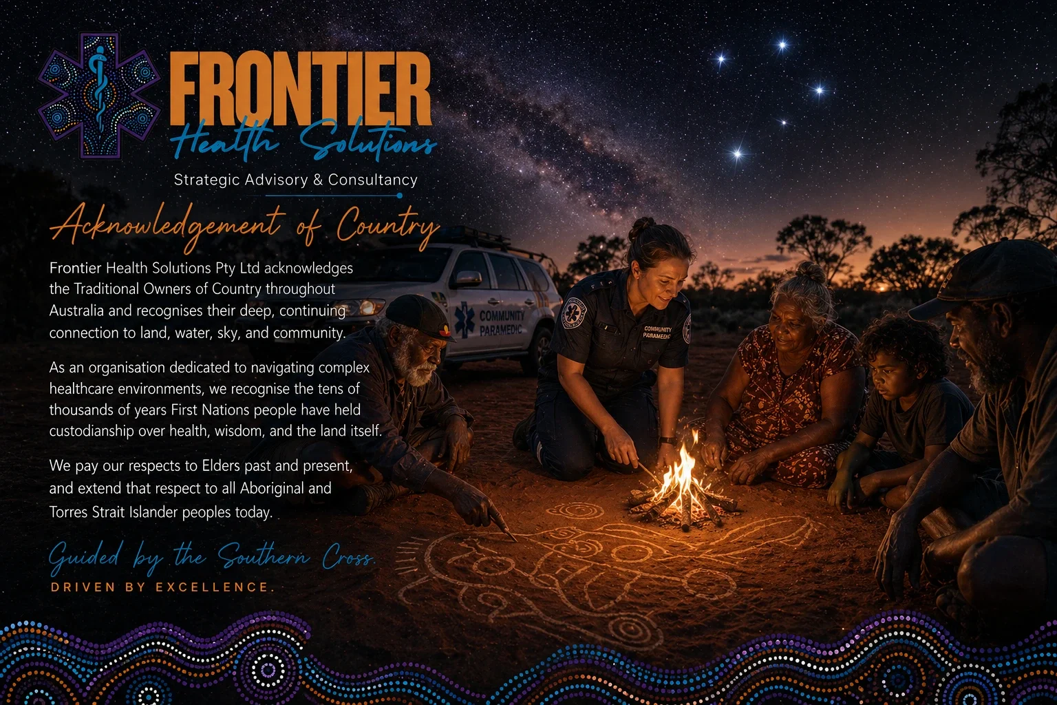 A group of Indigenous elders, a paramedic, and community members sitting around a campfire at night, drawing on the ground with white chalk, with a starry sky and the Milky Way overhead, and an emergency vehicle parked behind them.
