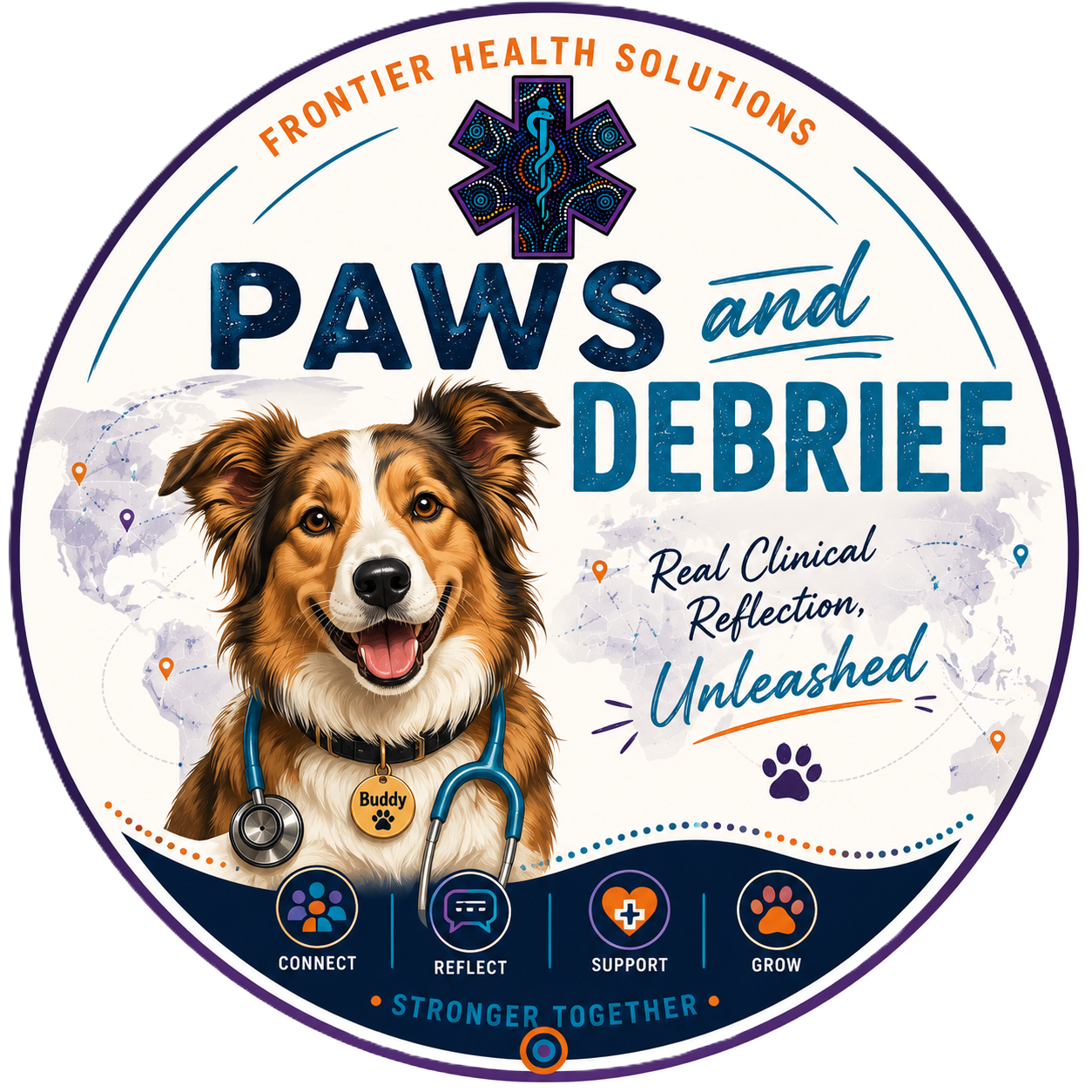 Circular logo for Paws and Debrief featuring a happy dog with a stethoscope, globe map background, and icons for connect, reflect, support, and grow, with text emphasizing clinical reflection and wellness solutions.