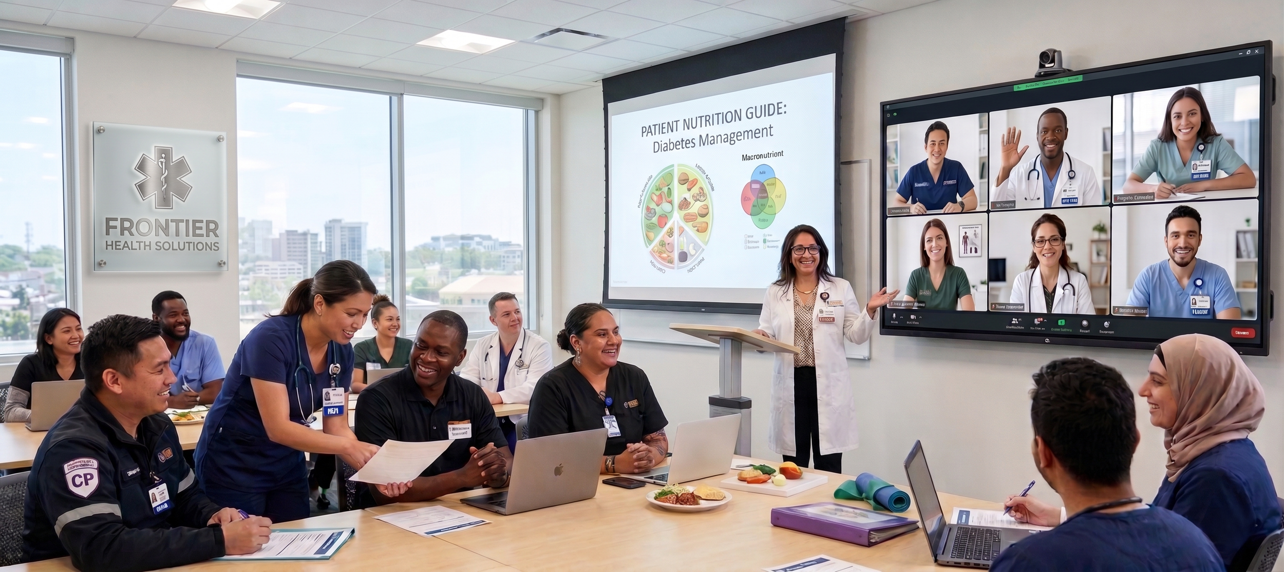 A diverse group of healthcare professionals attending a presentation in a conference room. Some are physically present, and others are on a video call displayed on a large screen. The presentation slide is titled 'Patient Nutrition Guide: Diabetes Management.'