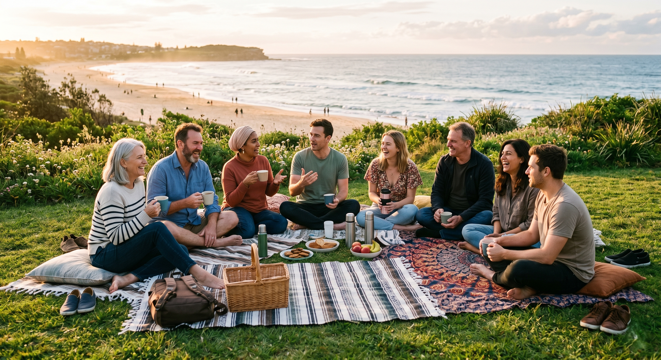 A group of eight people having a picnic on the grass near the beach during sunset, sitting on blankets with food and drinks, surrounded by greenery and facing the ocean.