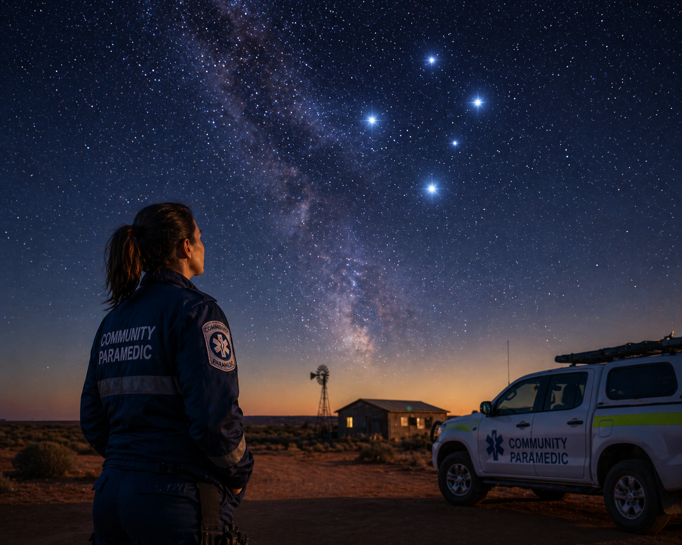 A female community paramedic in uniform standing outdoors at night, observing the starry sky with the Milky Way galaxy visible, next to a community paramedic vehicle and a small building with a windmill in the background.