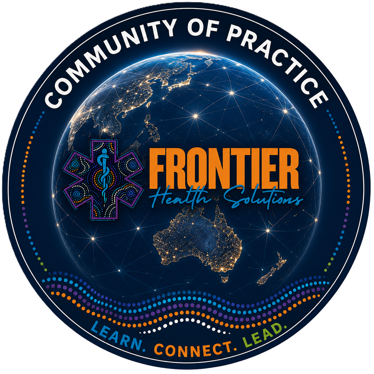 A circular emblem featuring a globe showing Australia, with the text 'Community of Practice' at the top, 'Fronter Health Solutions' in the center, and 'Learn. Connect. Lead.' at the bottom, surrounding a caduceus symbol integrated into a star of life.