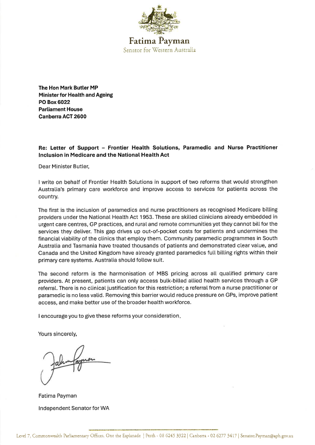 Letter from Fatima Payman, Senator for Western Australia, addressed to The Hon Mark Butler MP, supporting health care reforms related to paramedics and nurse practitioners.