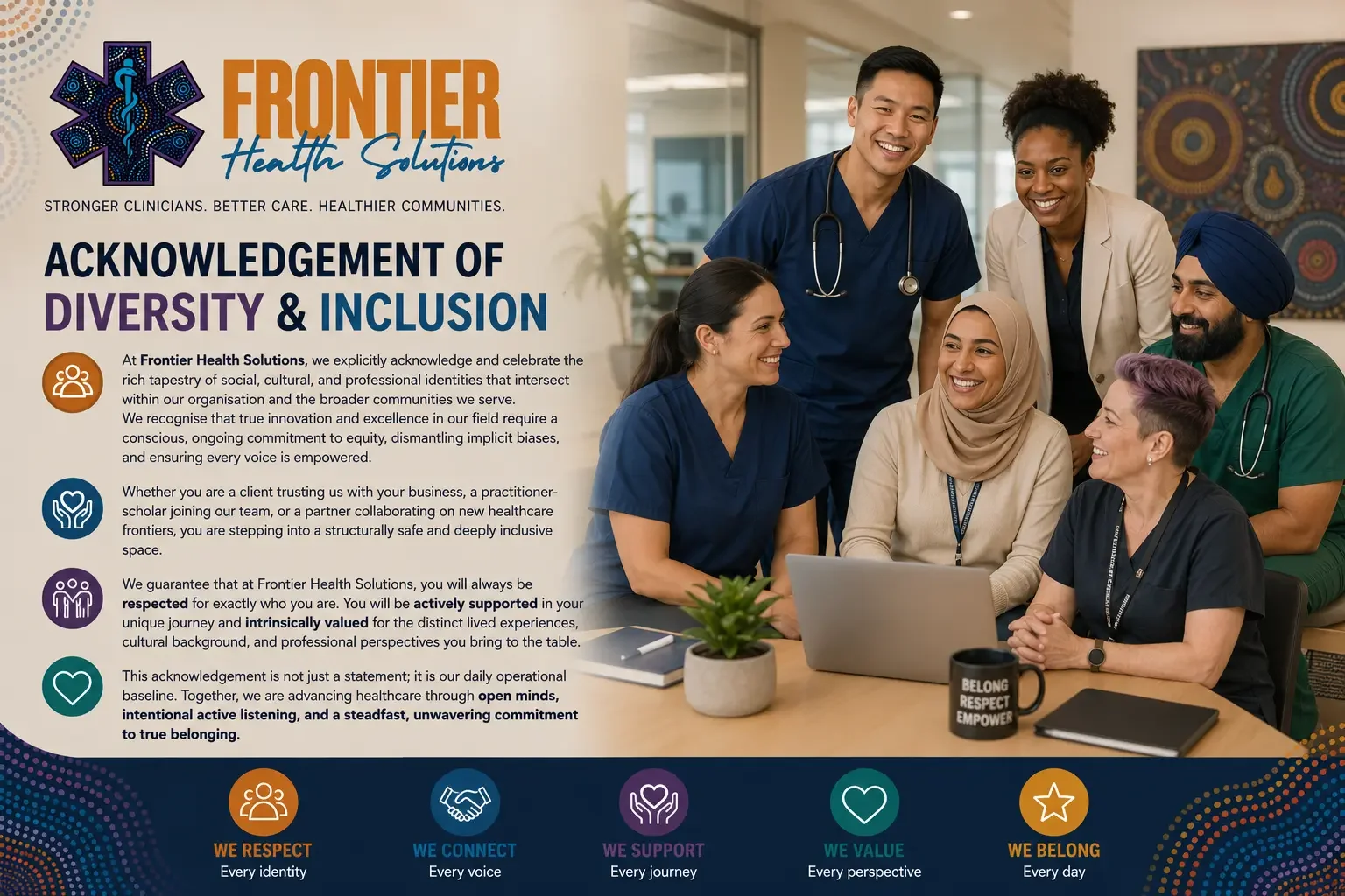 A diverse group of healthcare professionals in a meeting, all smiling
