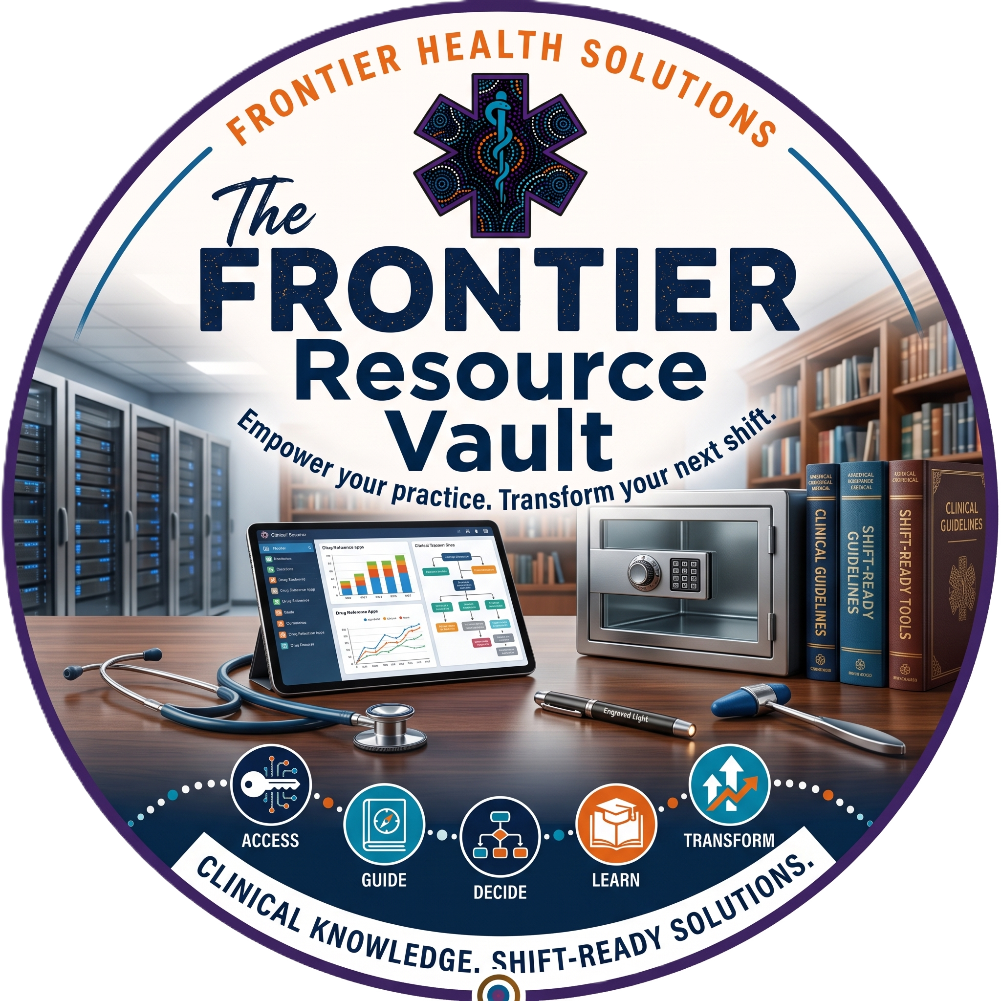 A circular infographic about healthcare solutions with a St. John Ambulance logo at the top center. The infographic includes text such as 'Frontier Health Solutions', 'The Frontier Resource Vault', and various icons representing access, guidance, decision-making, learning, and solutions in healthcare. The background shows a library setting with bookshelves, computers, and medical equipment on a desk.