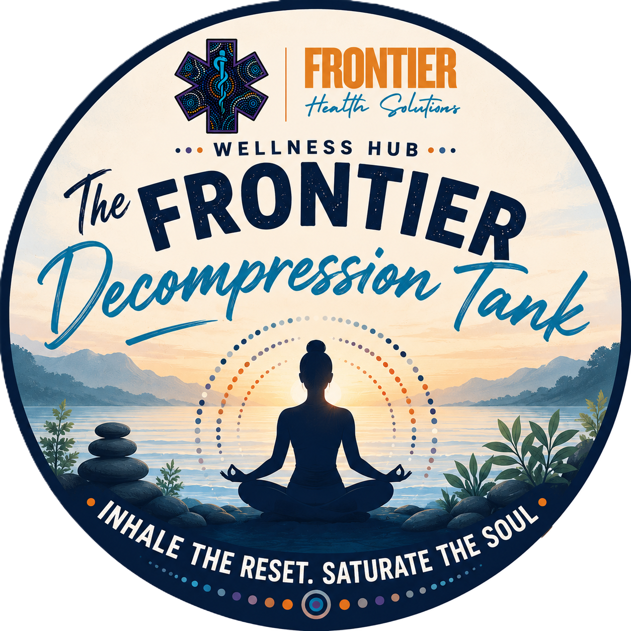 A circular logo for Frontier Health Solutions featuring a meditating person by a lake at sunset, with mountains in the background. Text includes 'Wellness Hub,' 'The Frontier Decompression Tank,' and the slogan 'Inhale the Reset. Saturate the Soul.'
