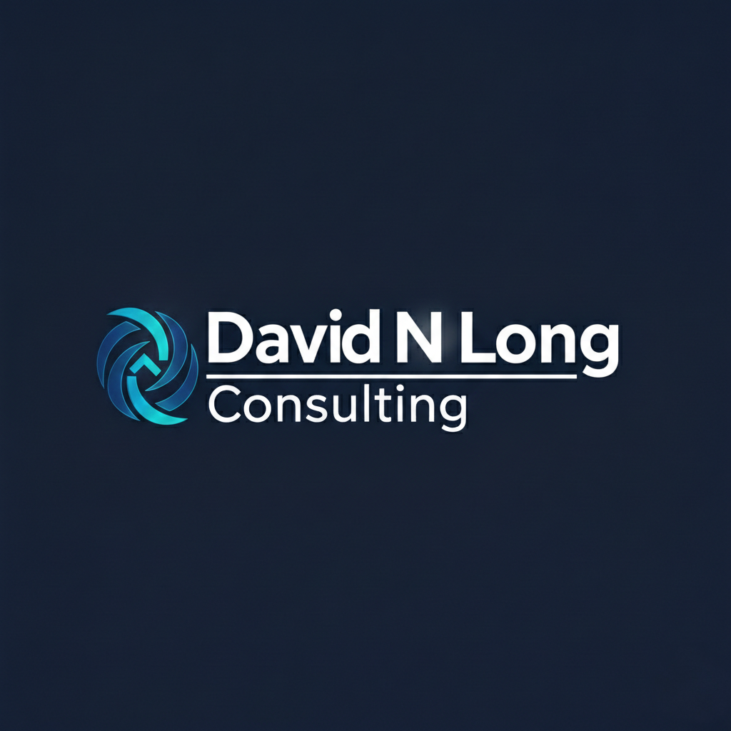 Company logo for David N Long Consulting, featuring a circular blue abstract design and the company name in white text on a dark background.
