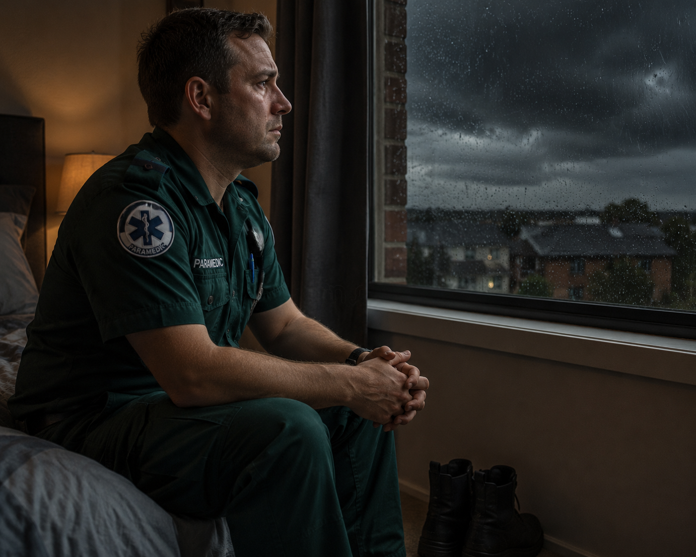 A paramedic sitting on a bed, looking out a rain-covered window on a cloudy day, with shoes on the floor nearby.