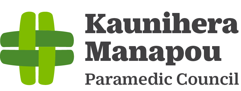 Logo of Kaunihera Manapou Paramedic Council with green cross-like symbol and black text.