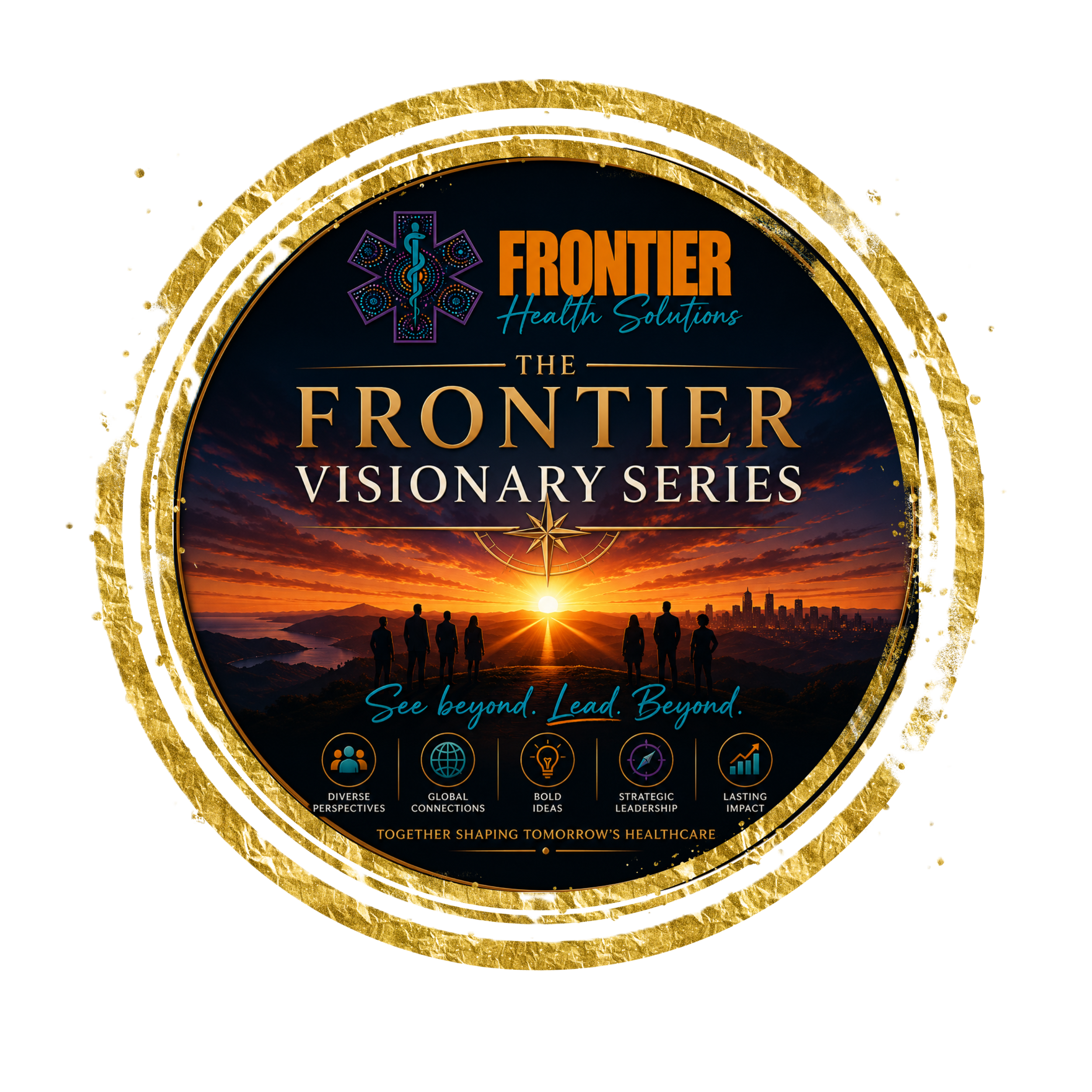 Logo for Frontier Health Solutions with a sunset over a city skyline, silhouettes of people, and icons representing diversity, global connections, bold ideas, strategic leadership, and lasting impact, surrounded by a gold circular border.