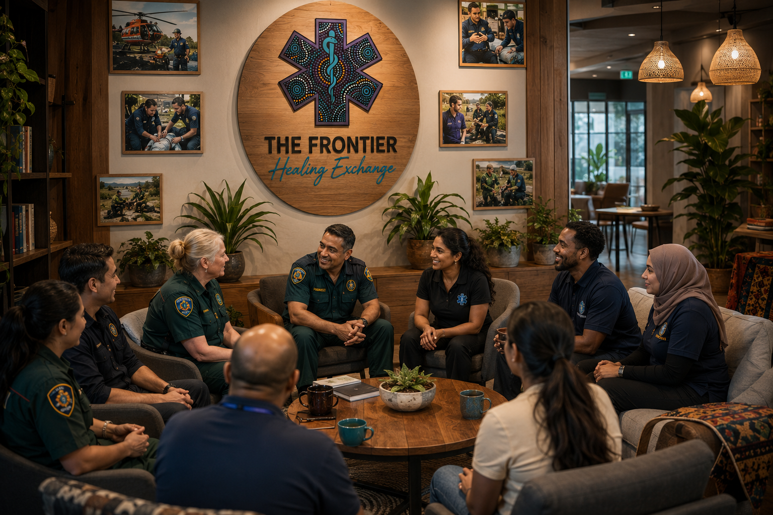 Group of emergency responders and healthcare professionals sitting in a circle and having a discussion in a cozy room. The background features a large sign with the words "The Frontier Healing Exchange" and cameras. The room is decorated with plants and framed photos, and the participants are smiling and engaging actively.
