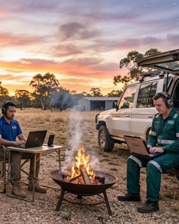 Two men in headsets working on laptops near a campfire in an open field with a vehicle and a small building at sunset.