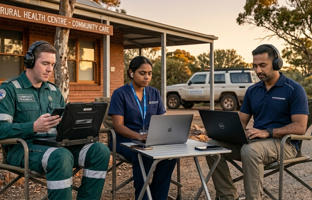 Three emergency responders, including a paramedic and two tech workers, sit outdoors at a small table with laptops, wearing headphones, in front of a rural health center sign and a vehicle, during sunset.