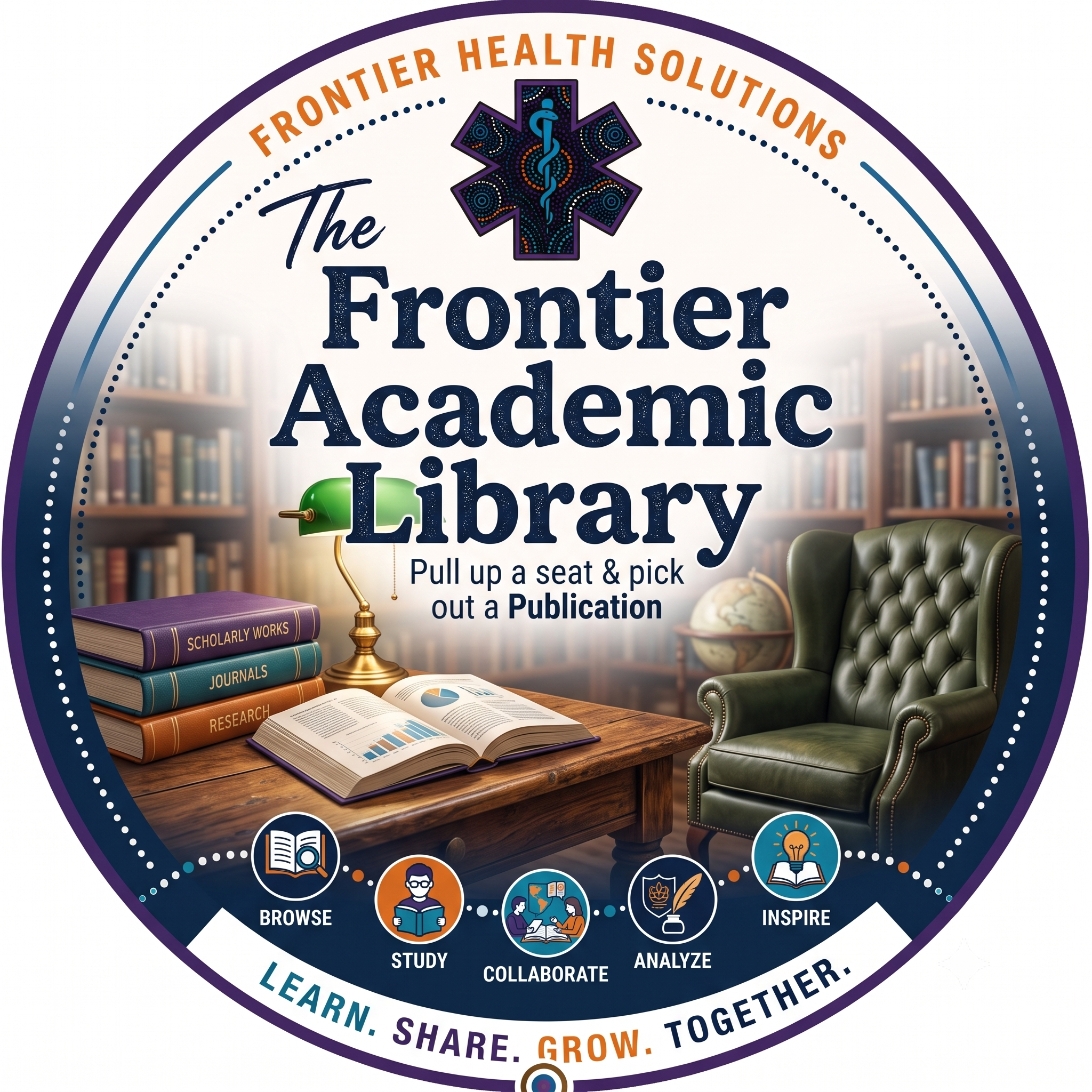 Circular infographic with a university library background, featuring stacks of books labeled 'Scholarly Works,' 'Journals,' 'Research,' and an open book. Centered text reads 'The Frontier Academic Library.' Surrounding icons illustrate activities like browsing, studying, collaborating, analyzing, and inspiring, with a motto to share and grow together.