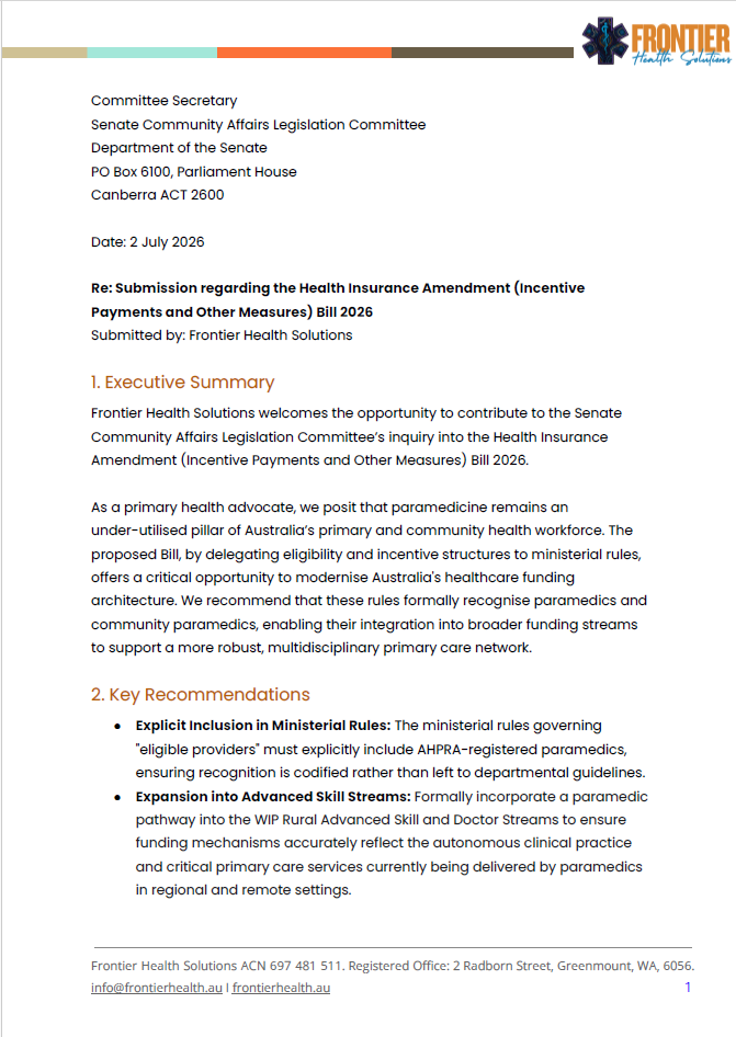 Official business document from Frontier Health Solutions addressed to the Senate Community Affairs Legislation Committee. It includes an executive summary and key recommendations regarding the Health Insurance Amendment Bill 2026, dated July 2, 2026.